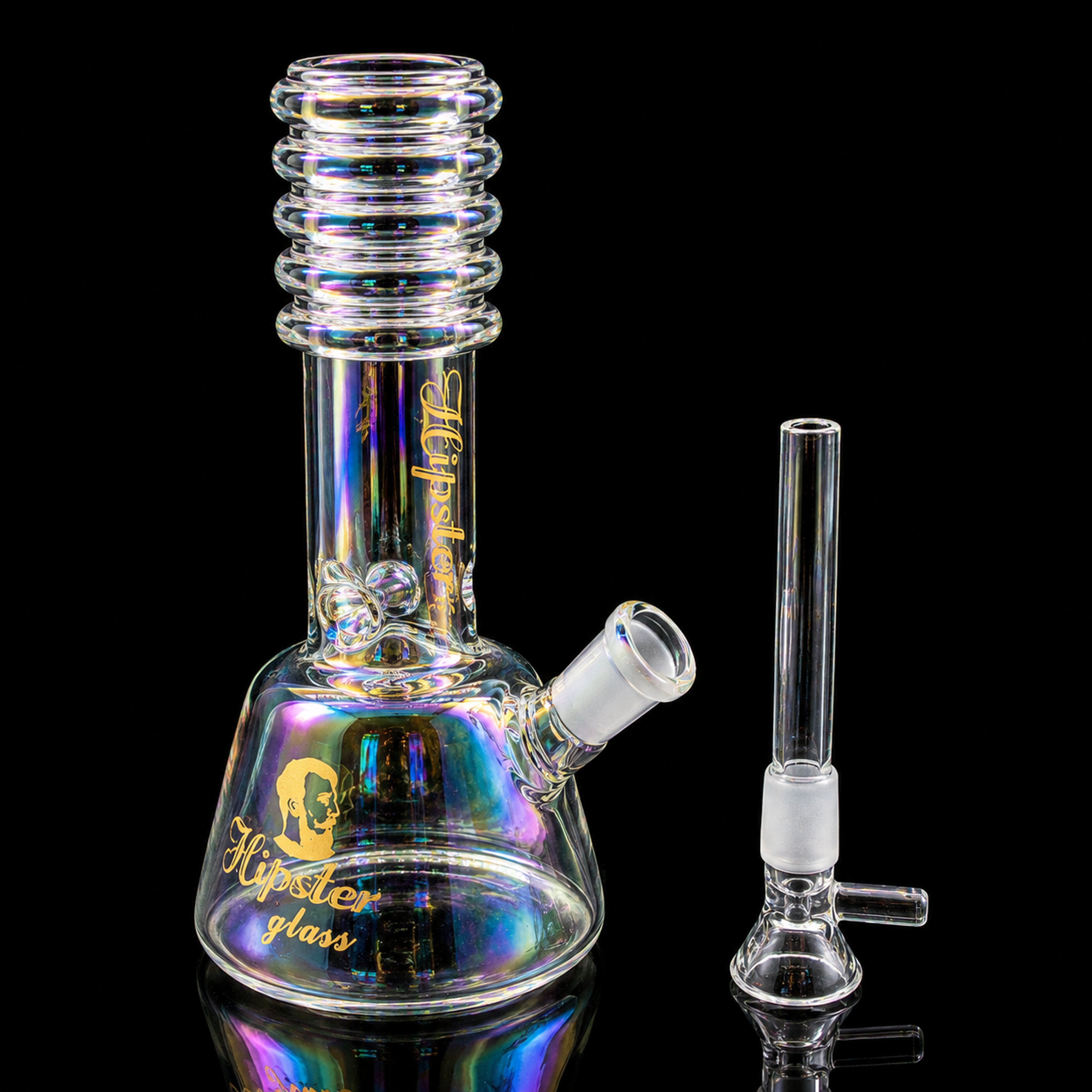 Preview pic of 7” Rainbow Clear Hipster Glass Bong – Iridescent Beaker with 2-in-1 Downstem & 14mm Bowl (Model SF021)