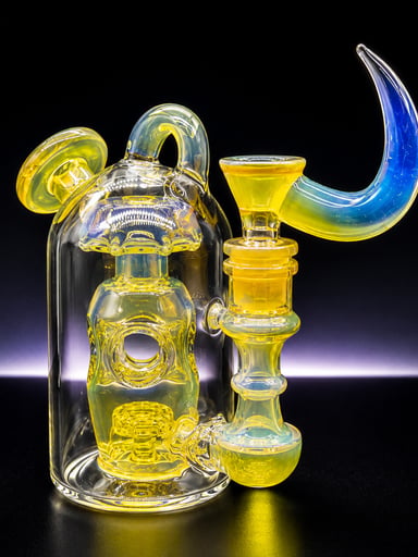 Preview pic of 6” Mini Recycler Bong – Fumed Yellow Glass with 14mm Male Horn Bowl