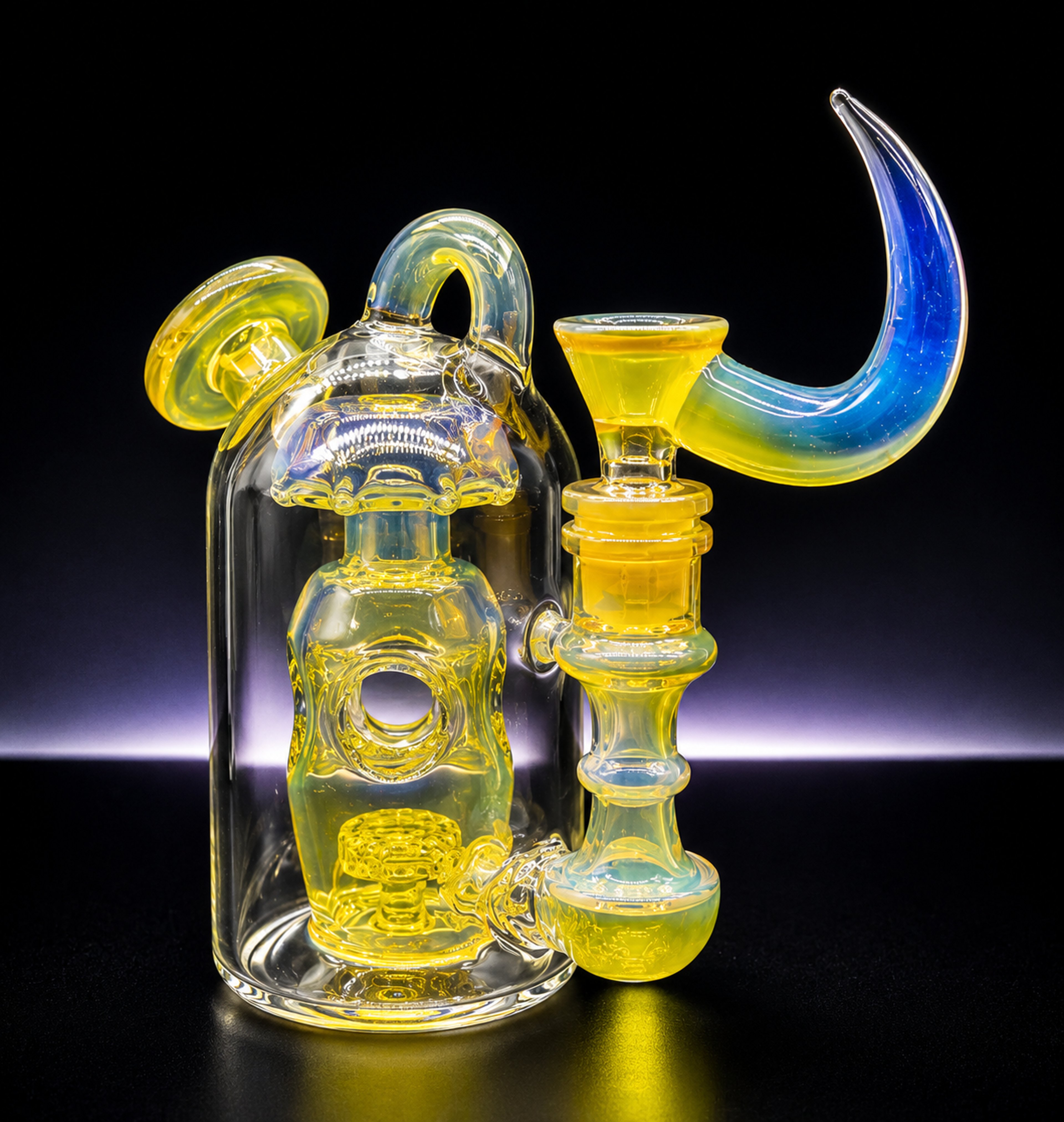 6” Mini Recycler Bong – Fumed Yellow Glass with 14mm Male Horn Bowl image 0