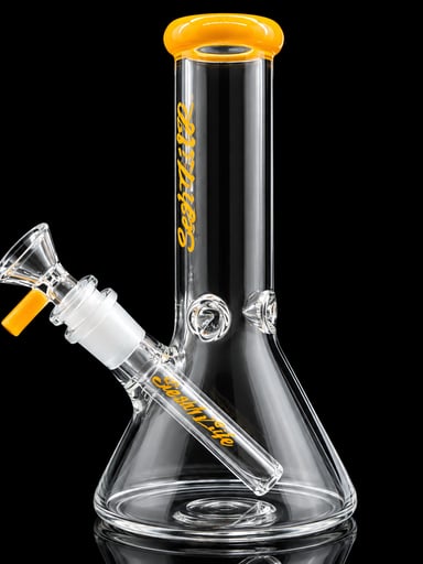 Preview pic of Indigo Glass 8” Mini Beaker Bong with Downstem & 14mm Bowl – Yellow Accents