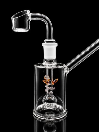 Preview pic of 5.5” Mini Glass Dab Rig with 14mm Quartz Banger – Clear Borosilicate Rig with Amber Accent Perc