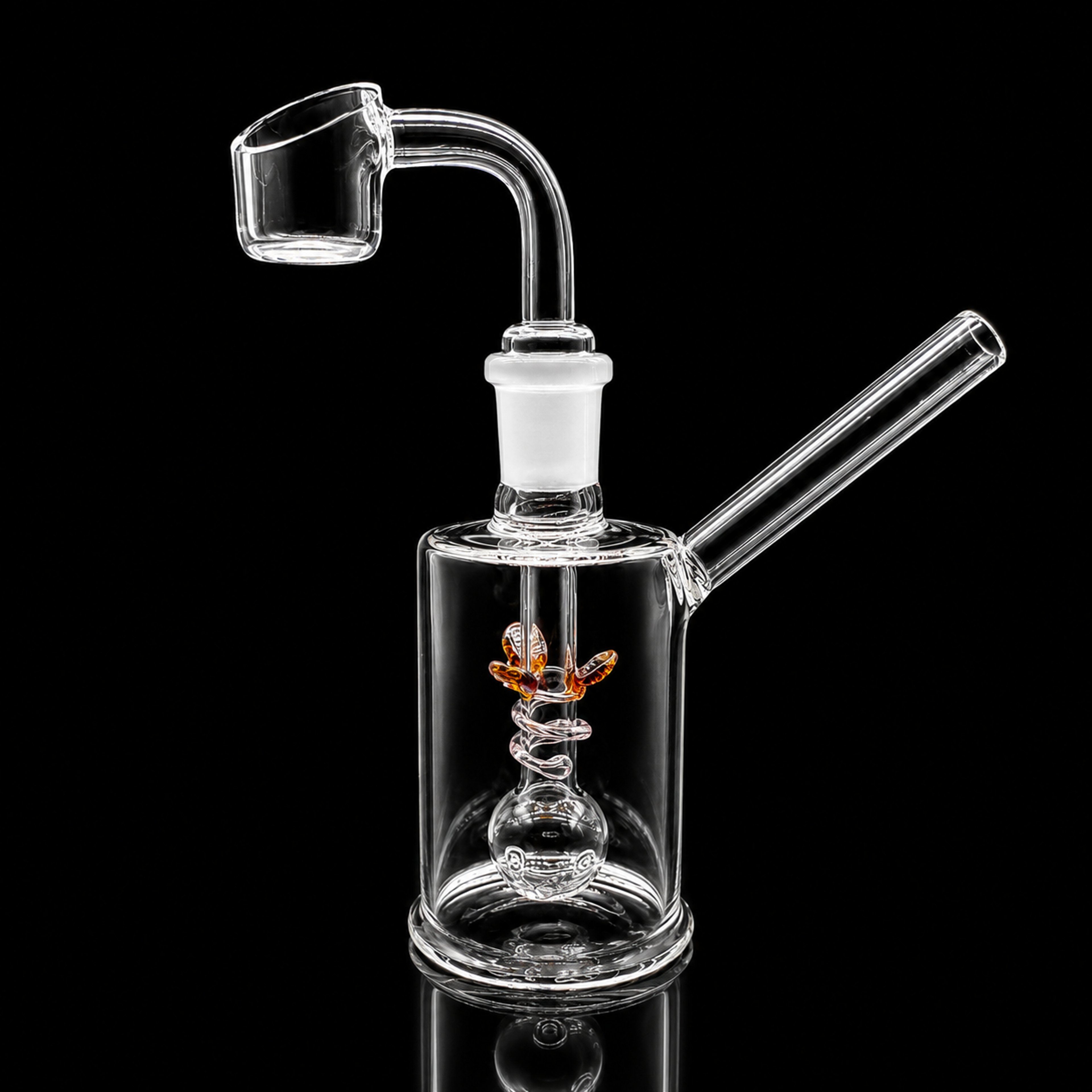 Preview pic of 5.5” Mini Glass Dab Rig with 14mm Quartz Banger – Clear Borosilicate Rig with Amber Accent Perc