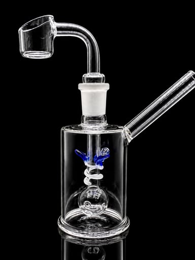 Preview pic of 5.5” Mini Glass Dab Rig with 14mm Quartz Banger – Clear Rig with Blue Accent Perc