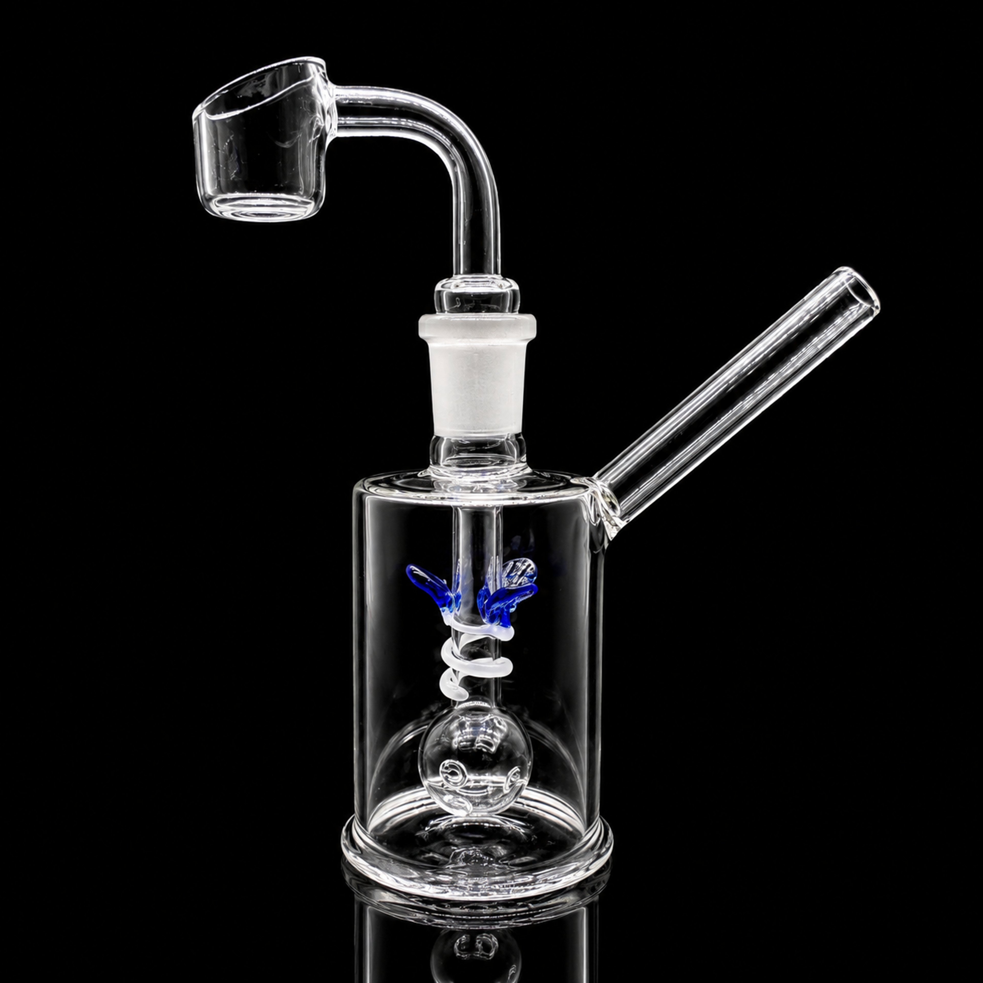 Preview pic of 5.5” Mini Glass Dab Rig with 14mm Quartz Banger – Clear Rig with Blue Accent Perc