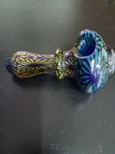 Preview pic of Areheart X Scoby colab silver and gold fumes lazer etched glass pipe