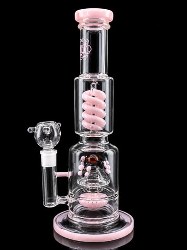Preview pic of 16” Pink Bee Glass Bong – Bell Showerhead Perc Water Pipe | 14mm Male Bowl