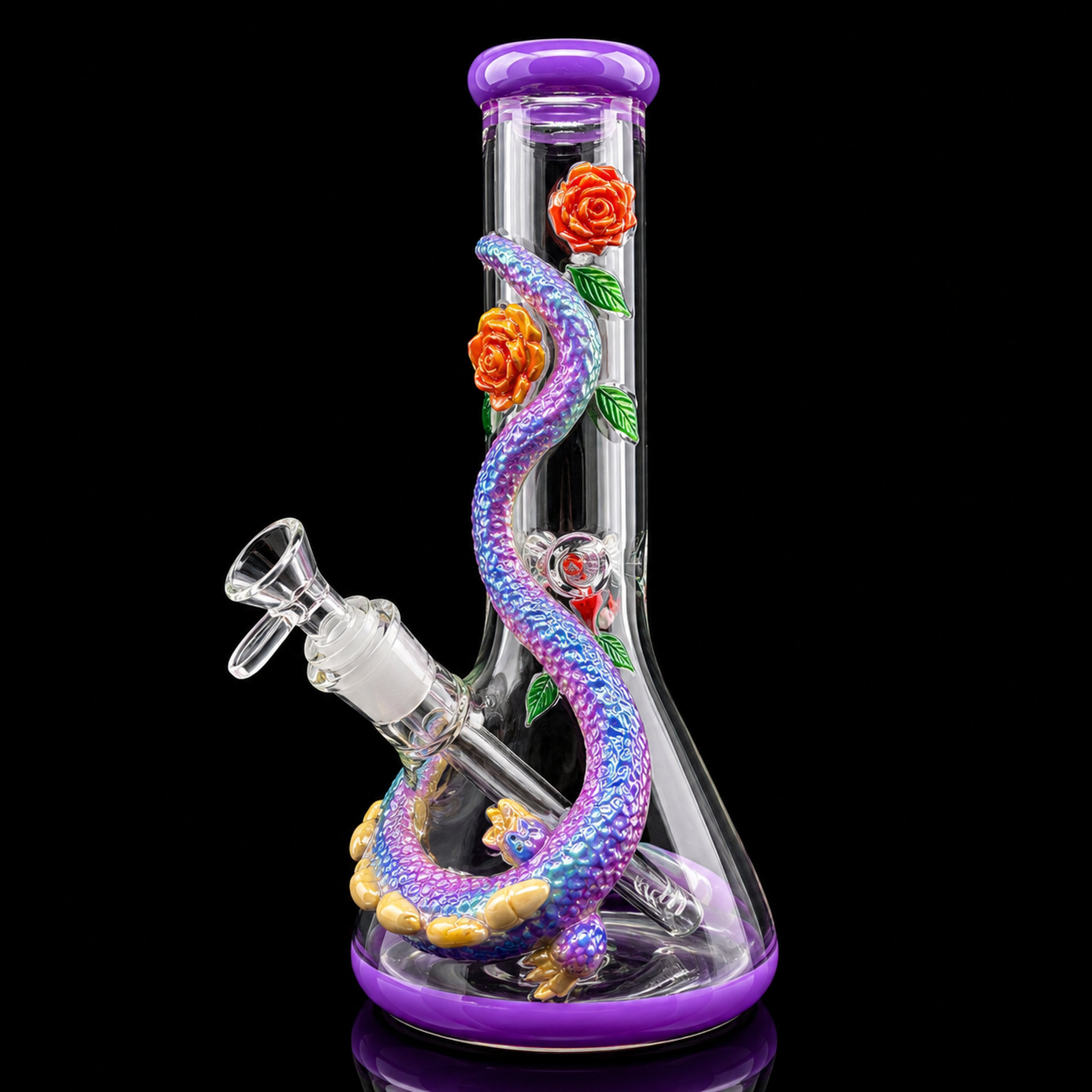 12.5” Purple Dragon & Rose Beaker Bong – Thick Glass Water Pipe with 14mm Bowl & Downstem image 0