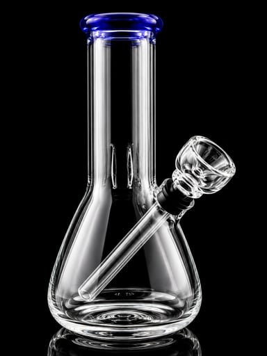 Preview pic of 5” Mini Beaker Bong – Thick Glass Water Pipe with One-Piece Bowl Slide | Blue Accent