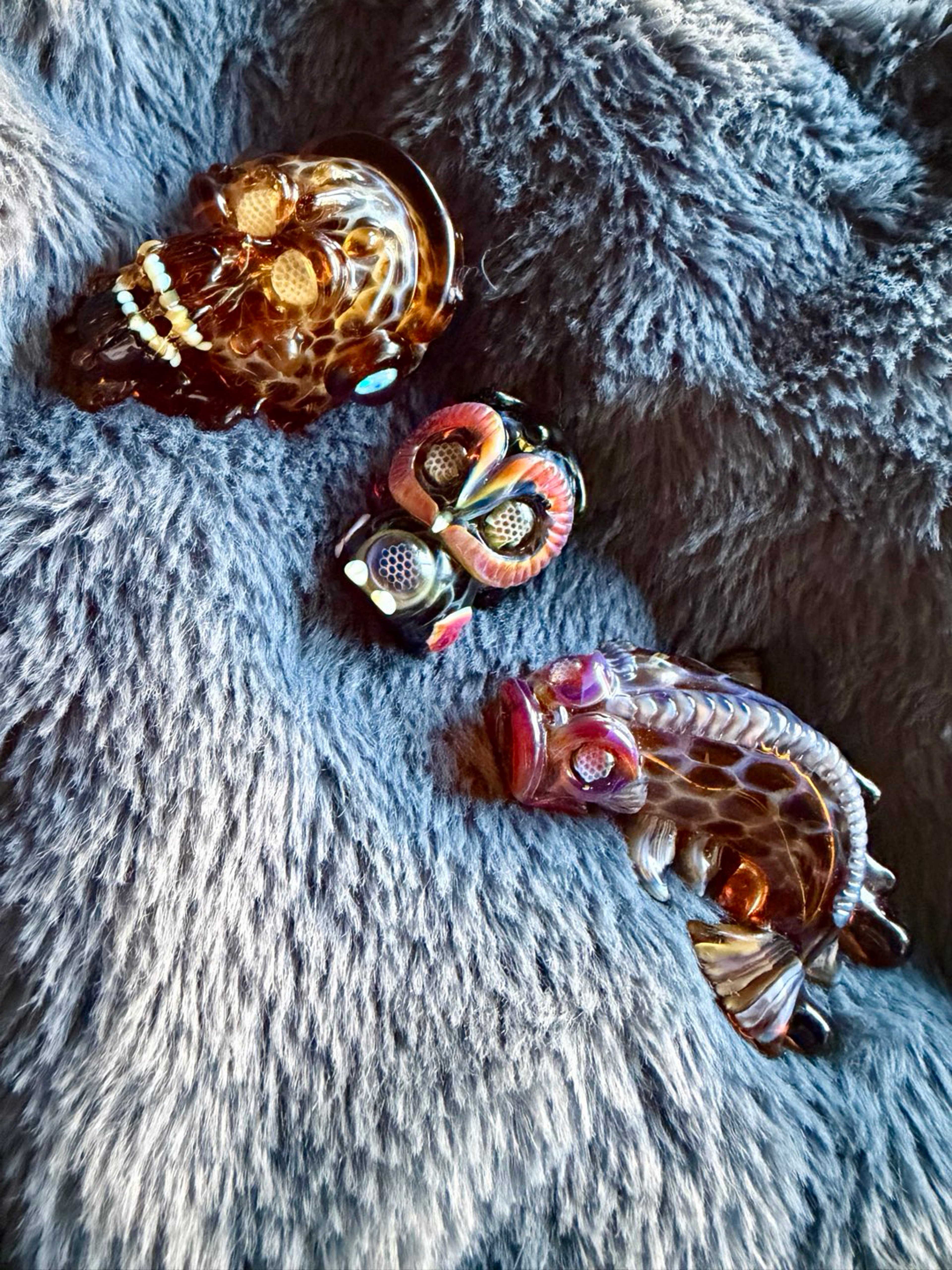 Preview pic of Nathan Belmont Honey Lil Hoot Owl, Skull Rocker & Koi Fish Pensant