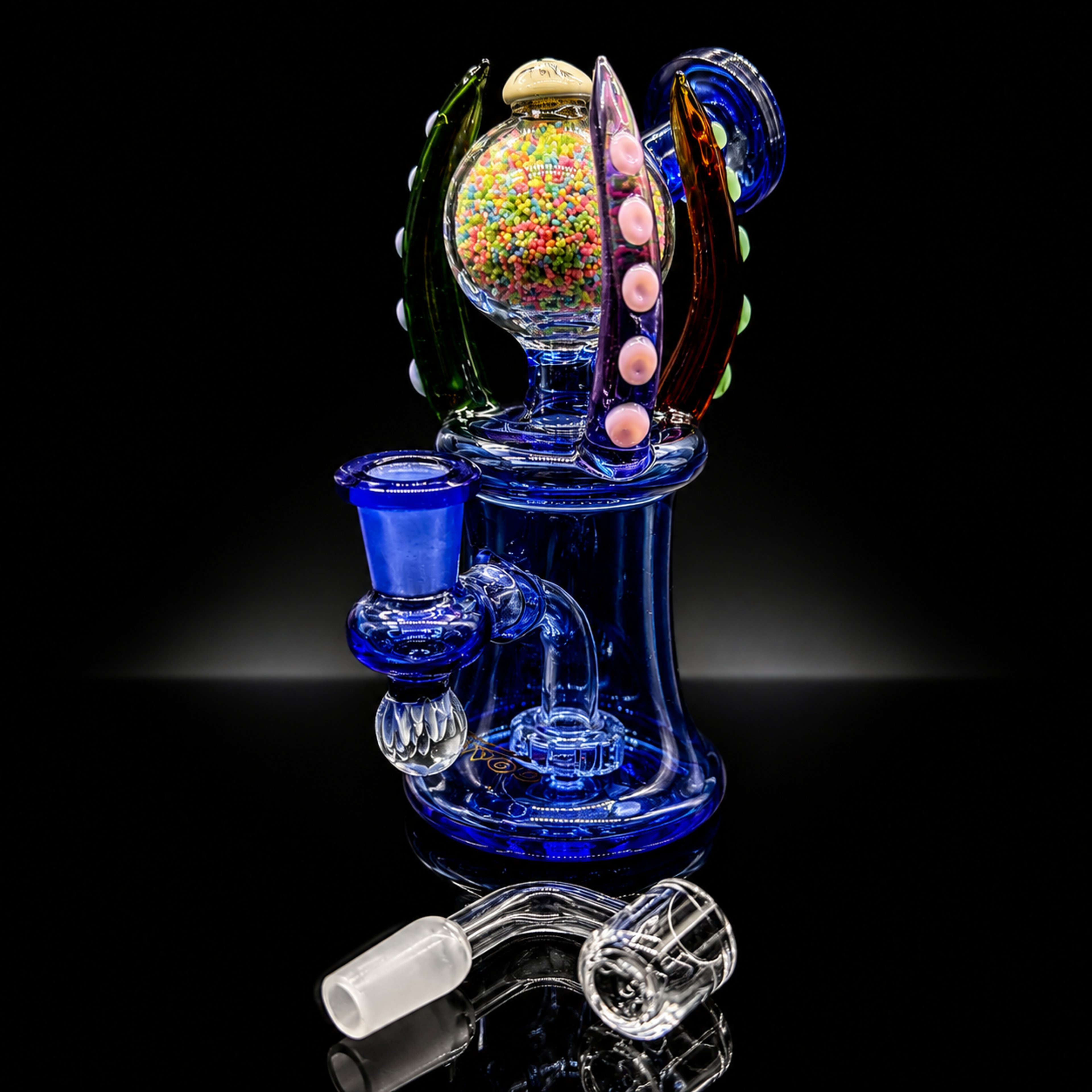 Preview pic of Topoo 8” Octopus Glass Dab Rig with 14mm Quartz Banger – Colored Sand Ball Chamber Water Pipe