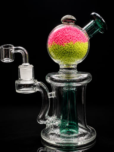 Preview pic of Topoo 8” Glow Bead Glass Dab Rig with 14mm Quartz Banger – Glow in the Dark Chamber Water Pipe