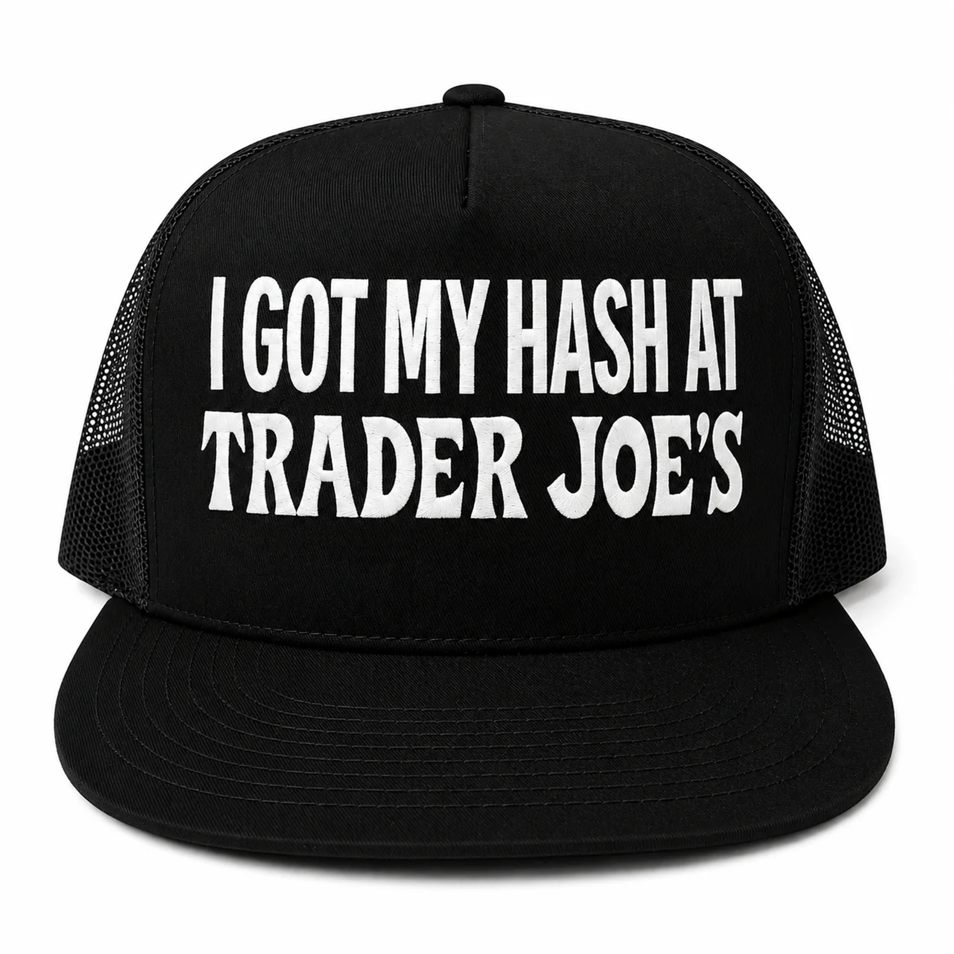 Preview pic of I Got My Hash At Trader Joe’s Embroidered Snapback Trucker Hat – Black/White