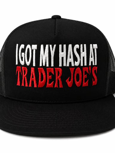 Preview pic of I Got My Hash At Trader Joe’s Embroidered Snapback Trucker Hat – Red/White