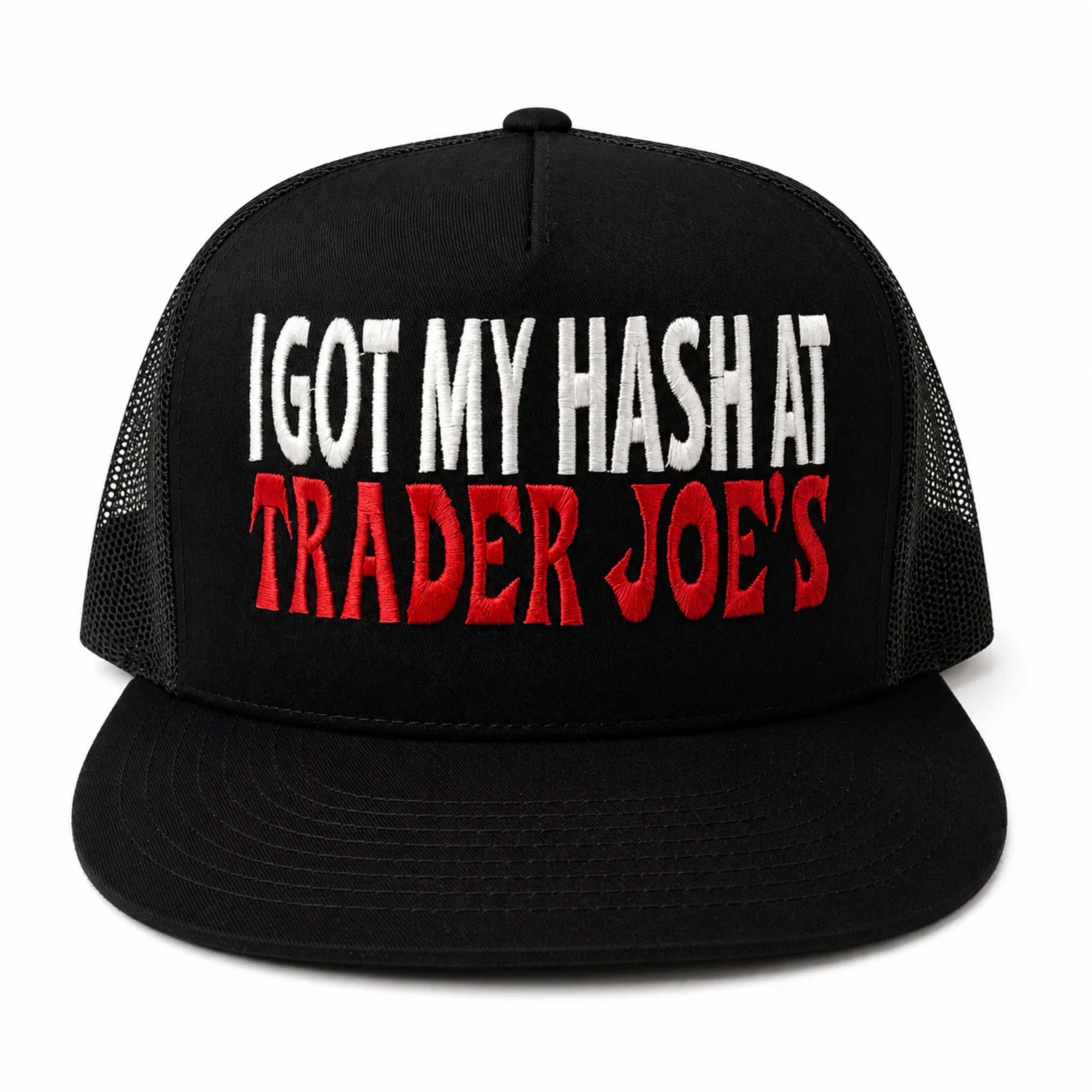 Preview pic of I Got My Hash At Trader Joe’s Embroidered Snapback Trucker Hat – Red/White