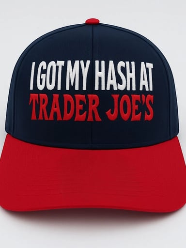 Preview pic of I Got My Hash At Trader Joe’s Embroidered Snapback Hat – Navy/Red