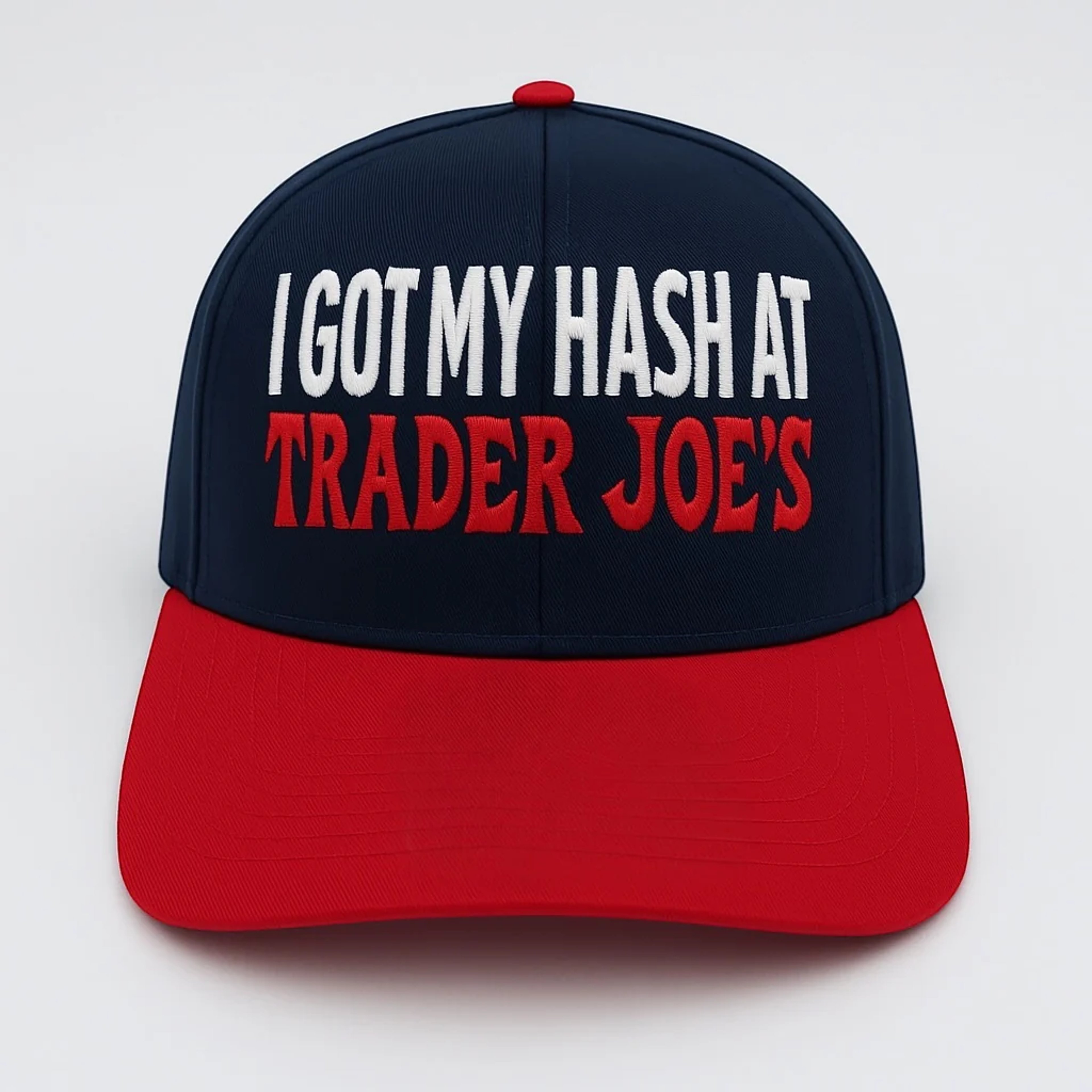Preview pic of I Got My Hash At Trader Joe’s Embroidered Snapback Hat – Navy/Red