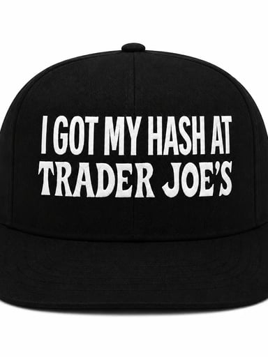 Preview pic of I Got My Hash At Trader Joe’s Embroidered Snapback Hat – Black/White