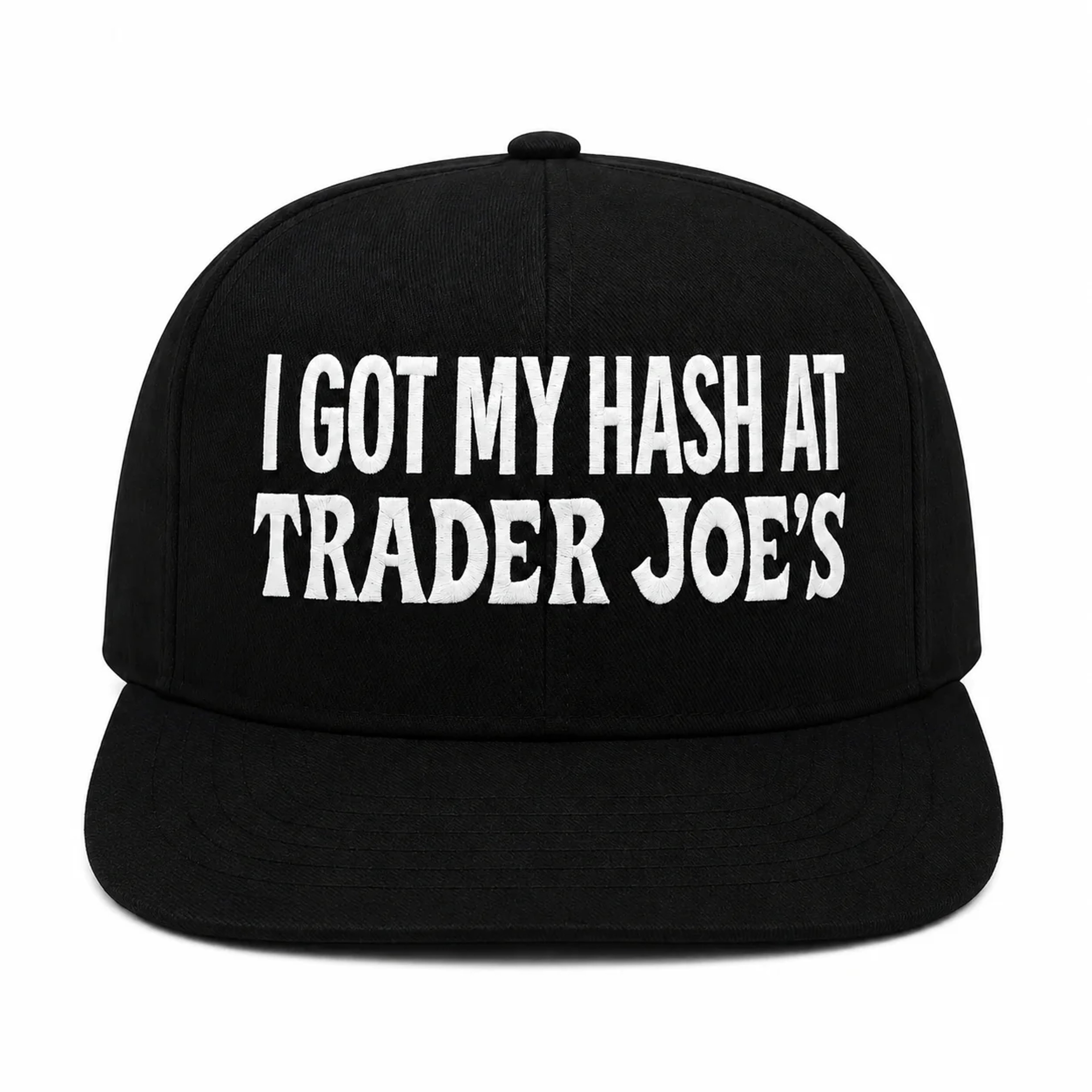 Preview pic of I Got My Hash At Trader Joe’s Embroidered Snapback Hat – Black/White