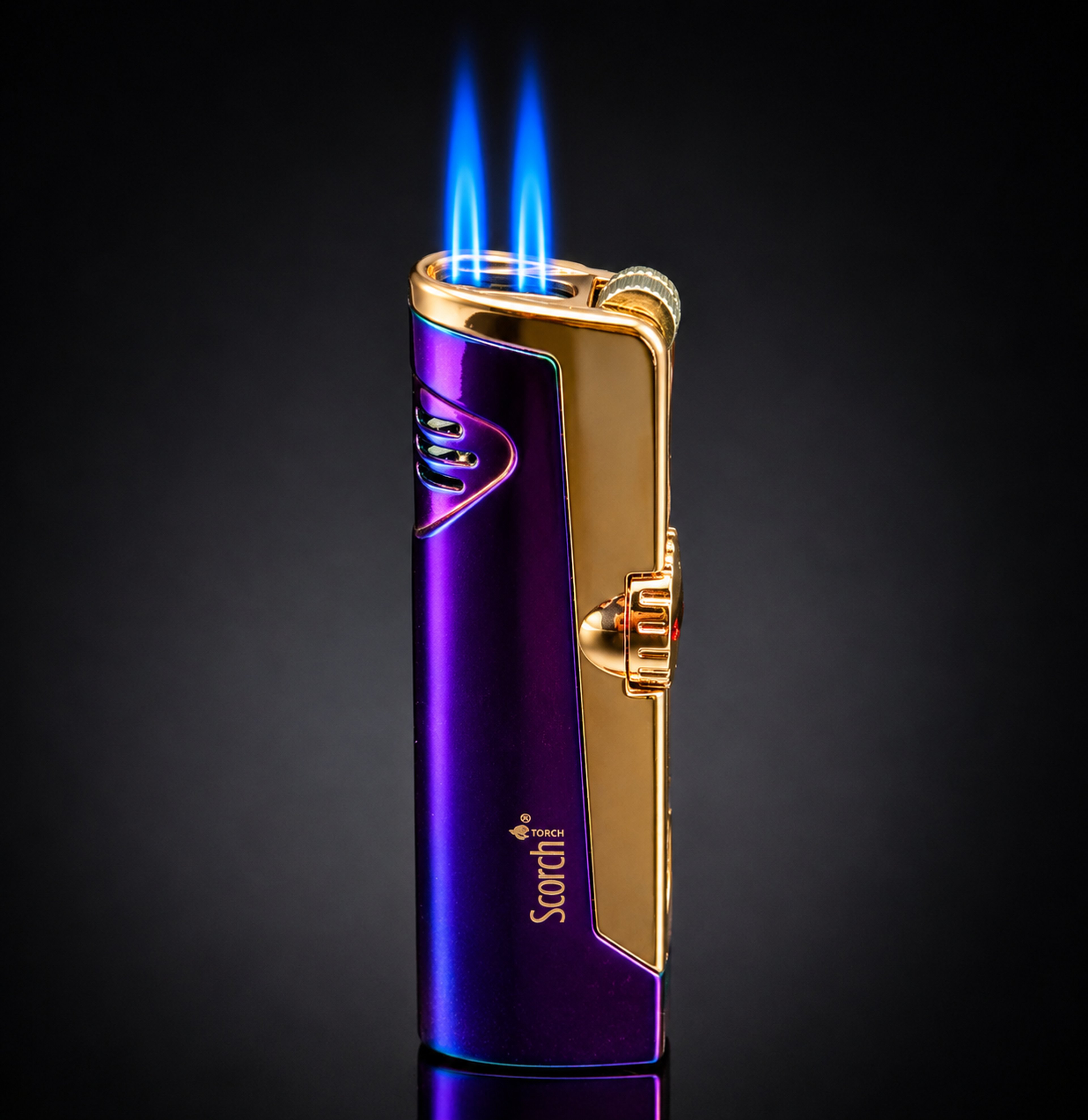 Preview pic of Scorch Torch 61636 Dual Jet Flame Butane Torch Lighter – Rainbow Finish with Gold Accents – 3.2” Metal Body