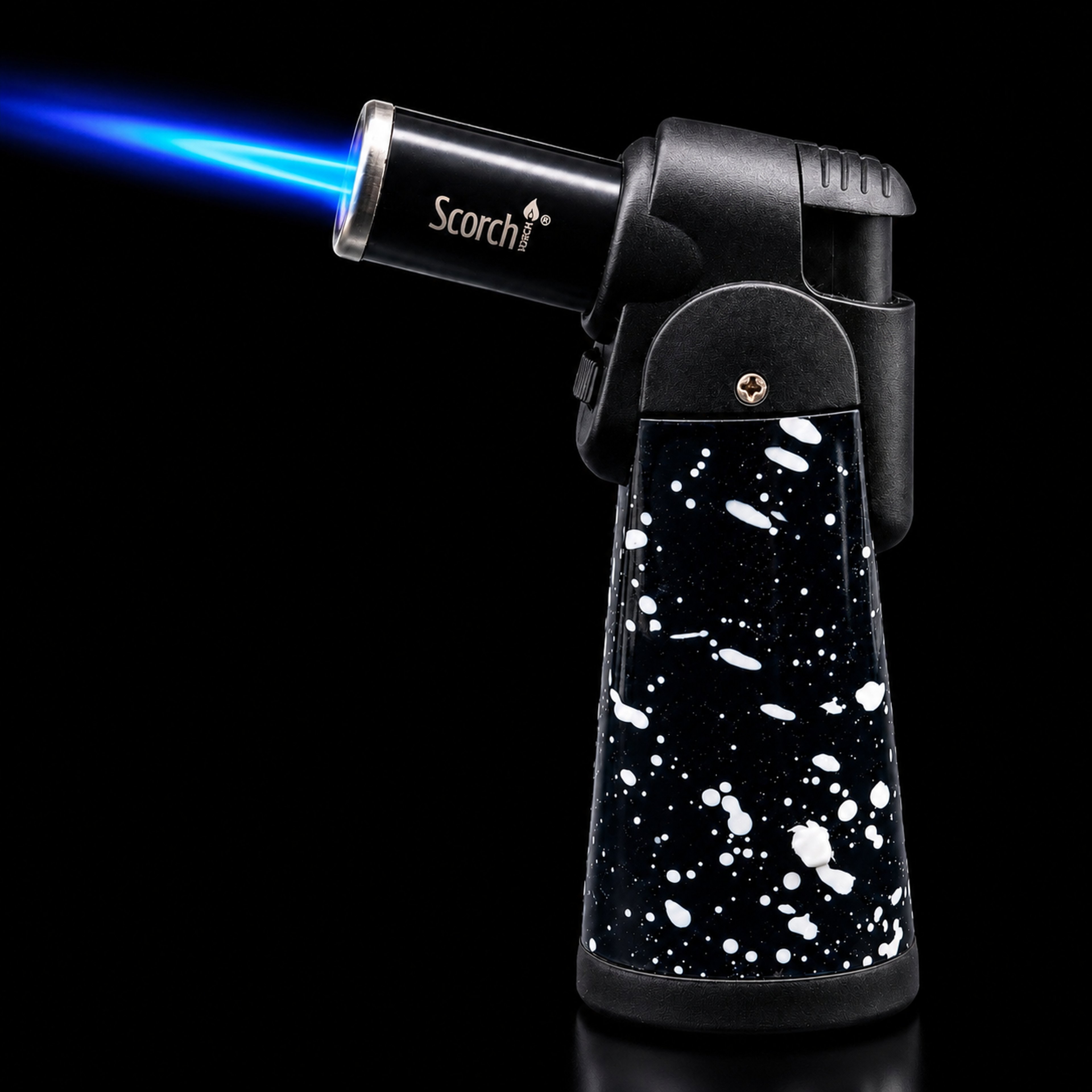 Scorch Micro Table Torch Lighter 61750 – Refillable Butane Jet Flame Torch – Black & White Splatter Design – 4 Inch image 0