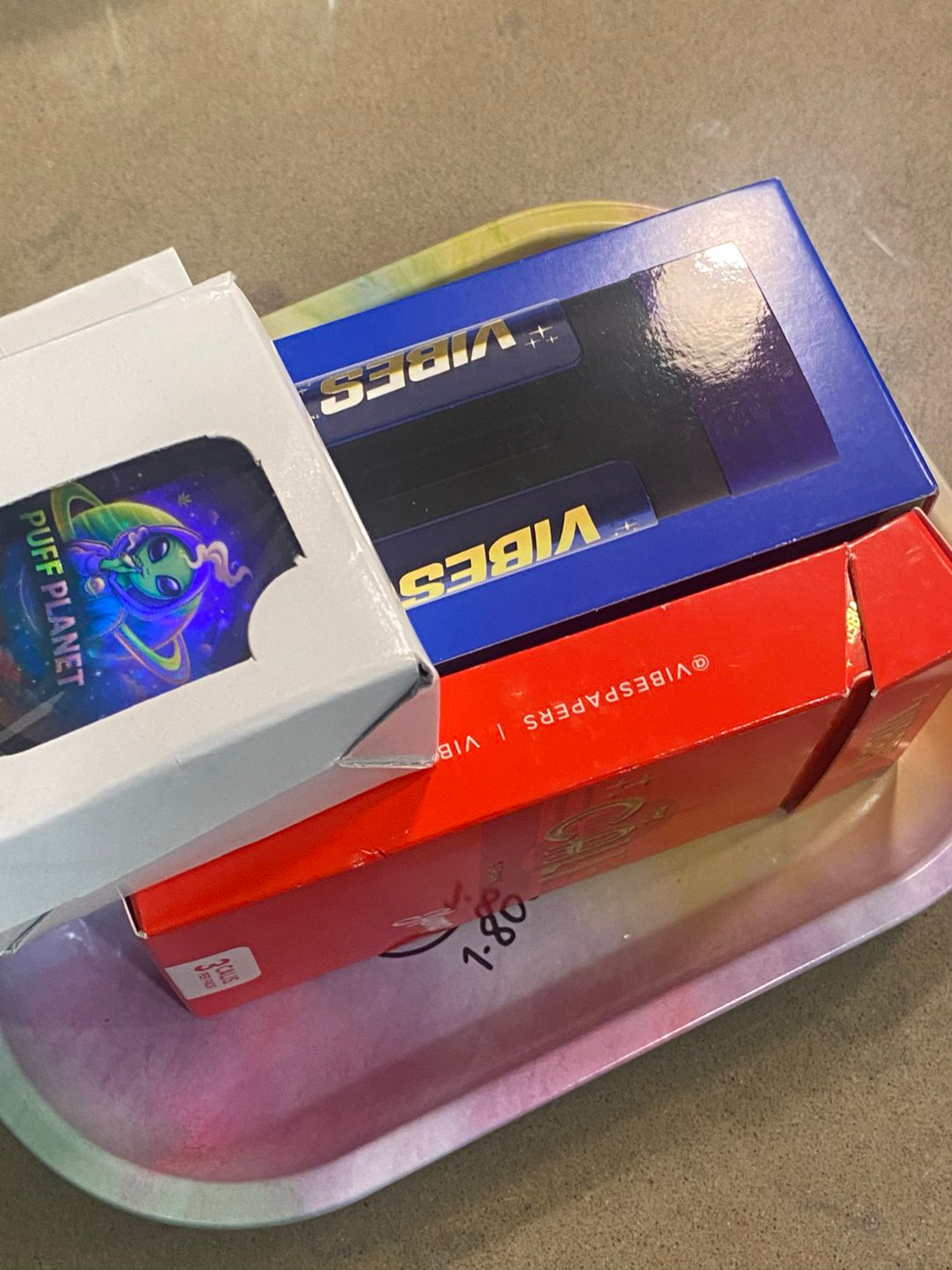 Preview pic of 4 in 1. Bundle 1-800 Tray, Cali Vibes 3g pack, Grinder, Vibes Cone Filler.