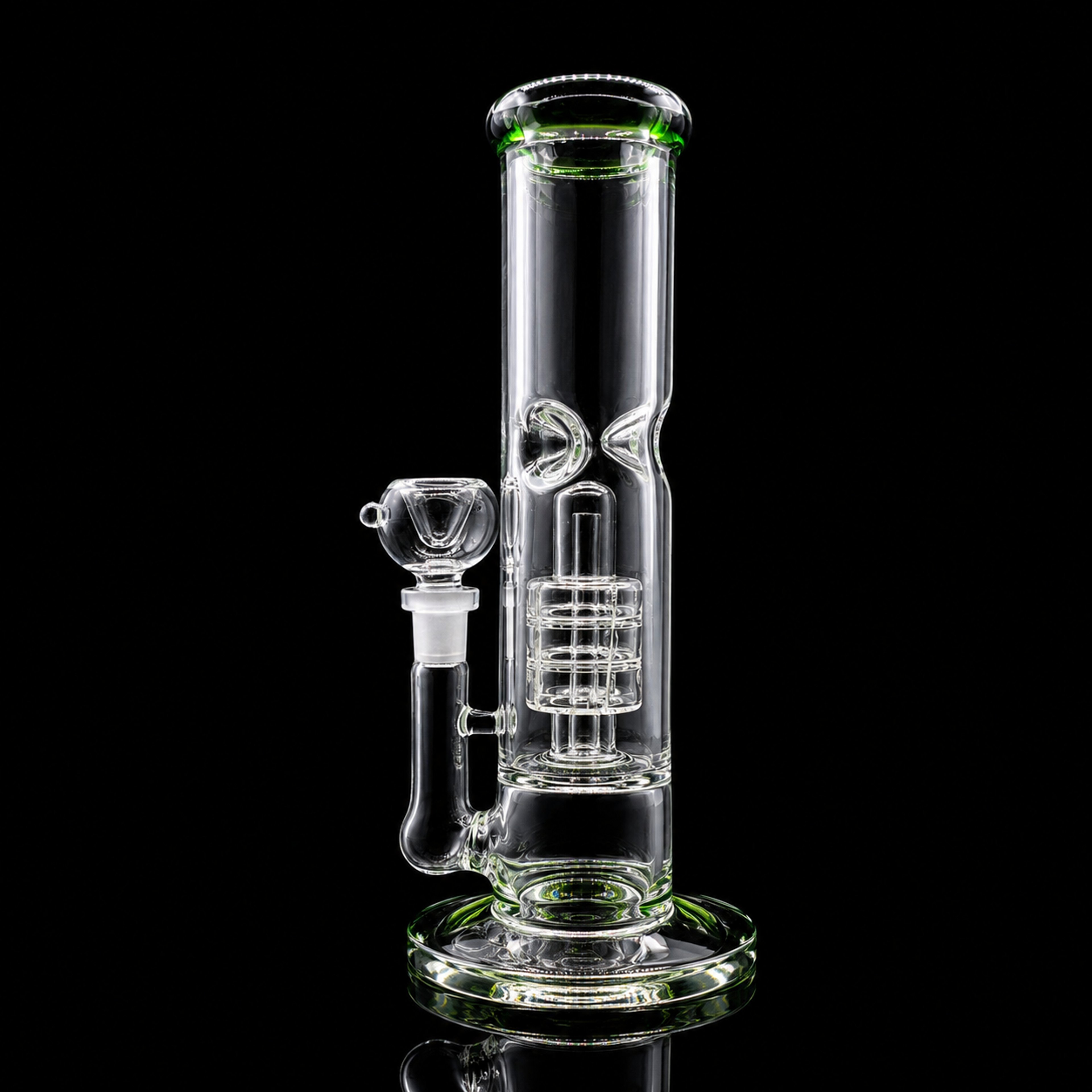 Preview pic of Green Accent Straight Tube Glass Water Pipe – 14mm Bowl – Multi-Slit Perc Bong