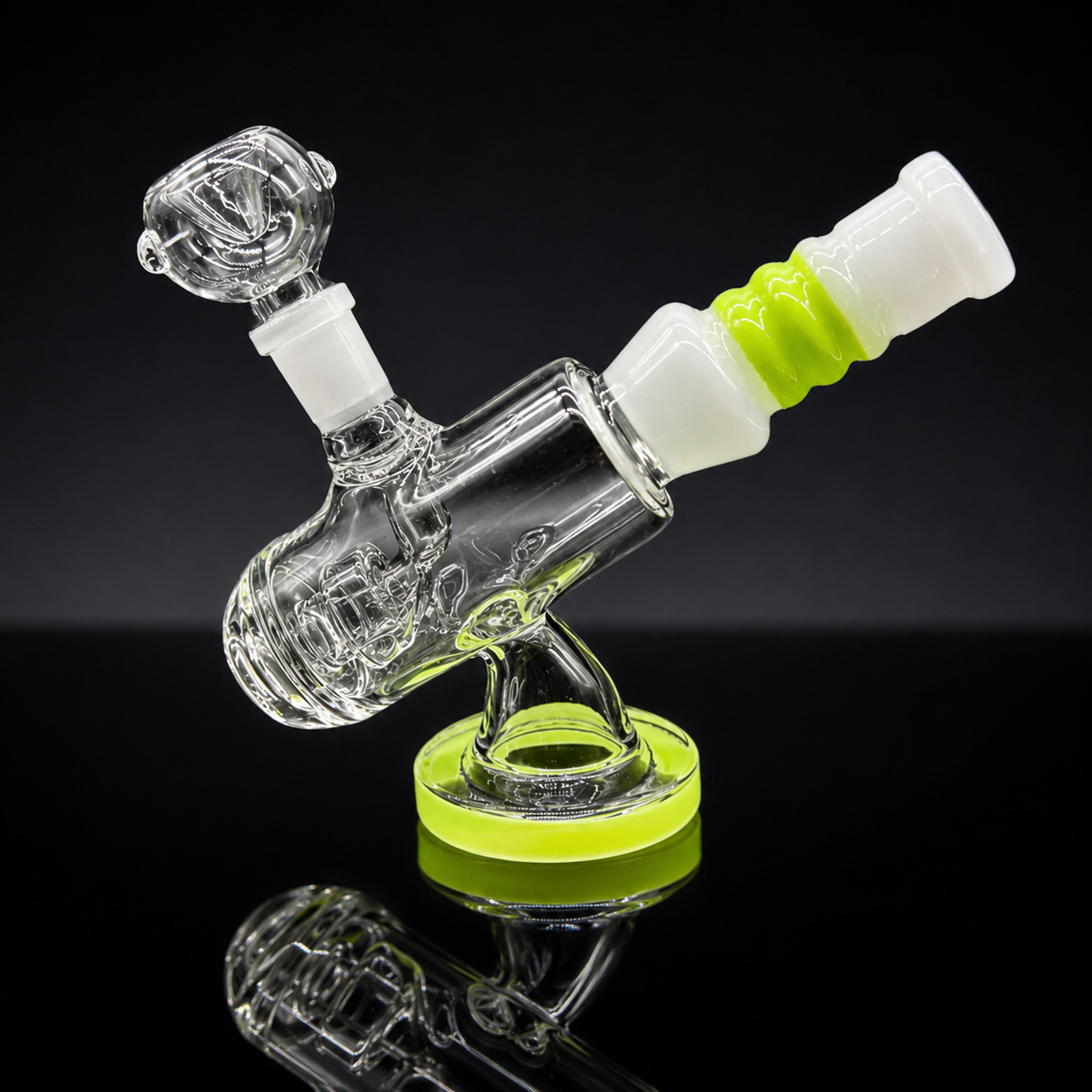 Preview pic of 6” Microscope Style Glass Bong with Green Accents & 14mm Bowl