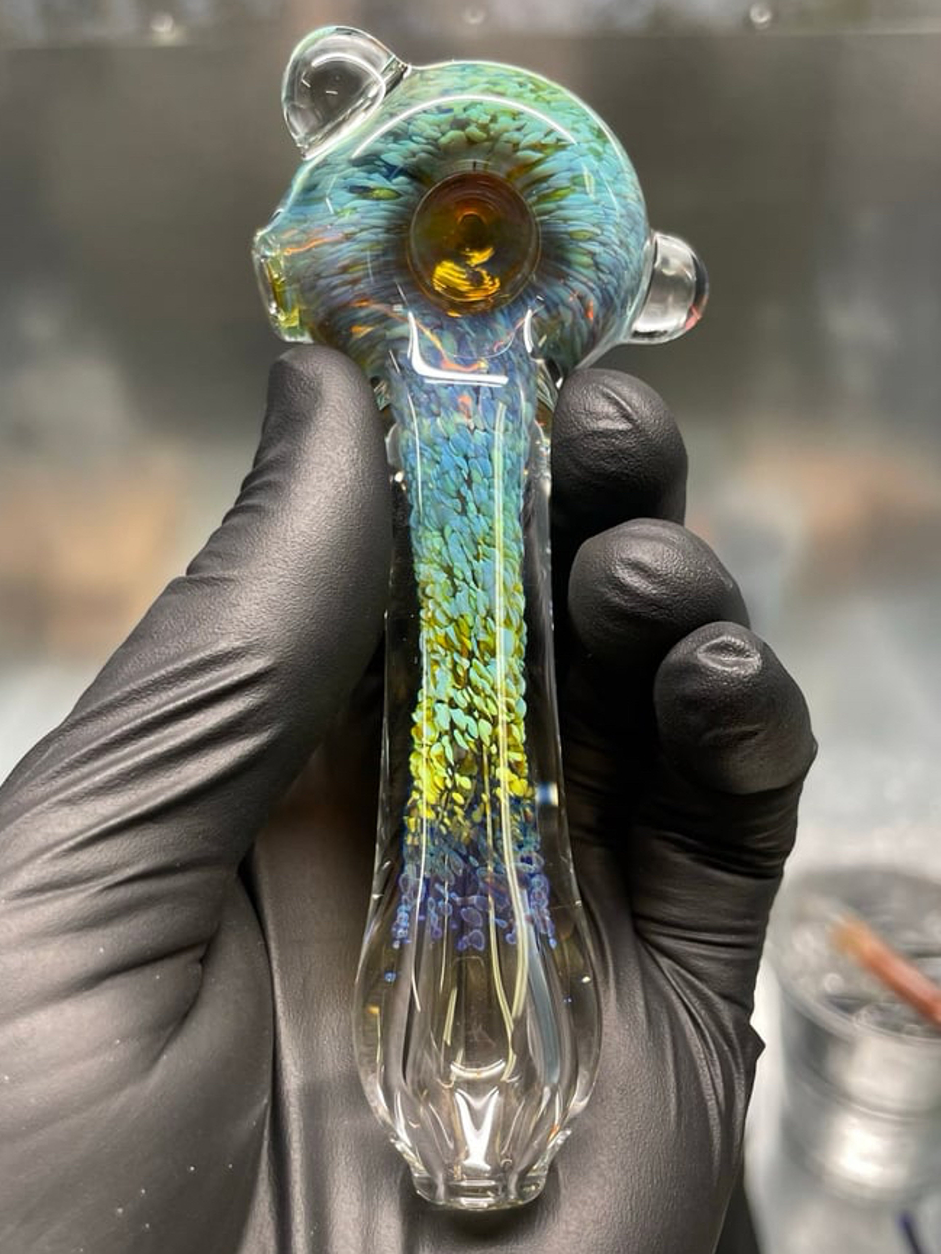 Preview pic of Thick Frit Spoon Pipe- Blue/Green Sparkles, Mystery Adventurine Bowl