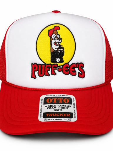 Preview pic of Custom Embroidered Puff-ee’s Puffcon 2025 Friends & Family Snapback Trucker Hat – Red