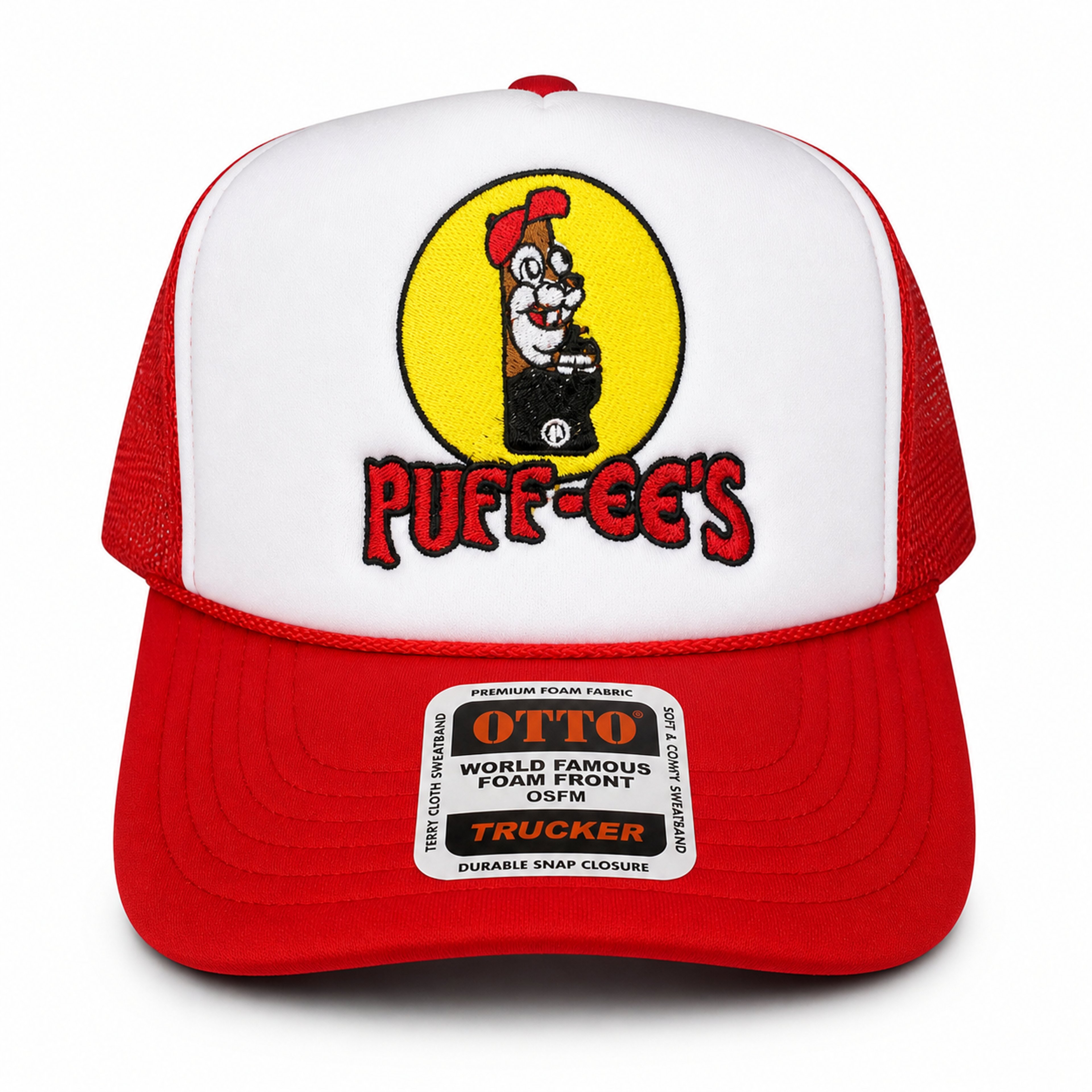 Preview pic of Custom Embroidered Puff-ee’s Puffcon 2025 Friends & Family Snapback Trucker Hat – Red