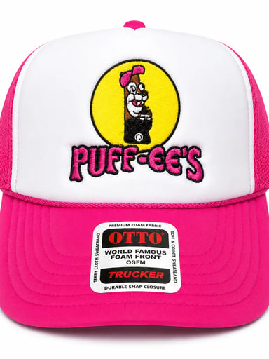 Preview pic of Custom Embroidered Puff-ee’s Puffcon 2025 Friends & Family Snapback Trucker Hat – Pink