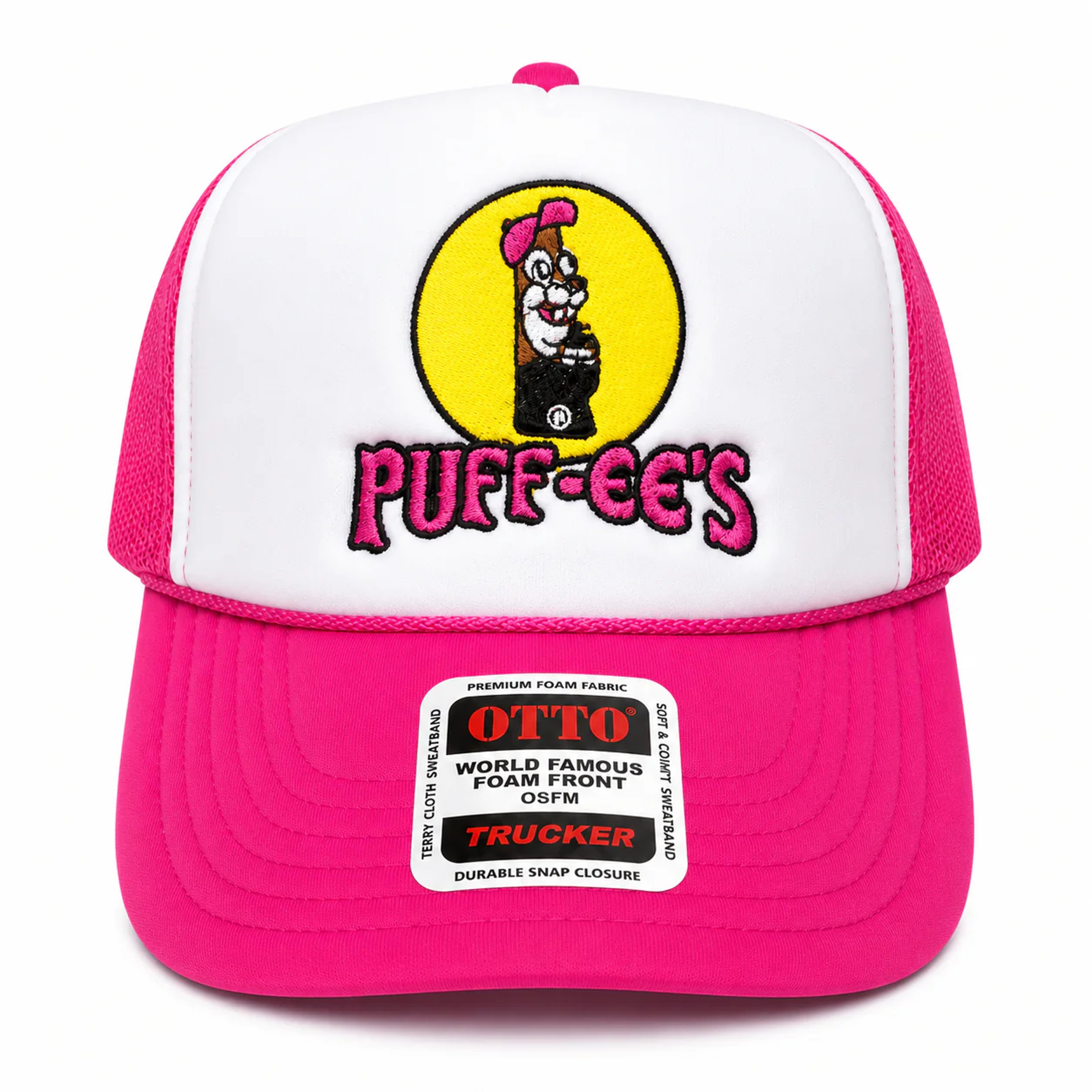 Preview pic of Custom Embroidered Puff-ee’s Puffcon 2025 Friends & Family Snapback Trucker Hat – Pink