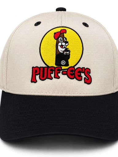 Preview pic of Custom Embroidered Puff-Ee’s Puffcon 2025 Friends & Family Snapback Hat – Cream/Black