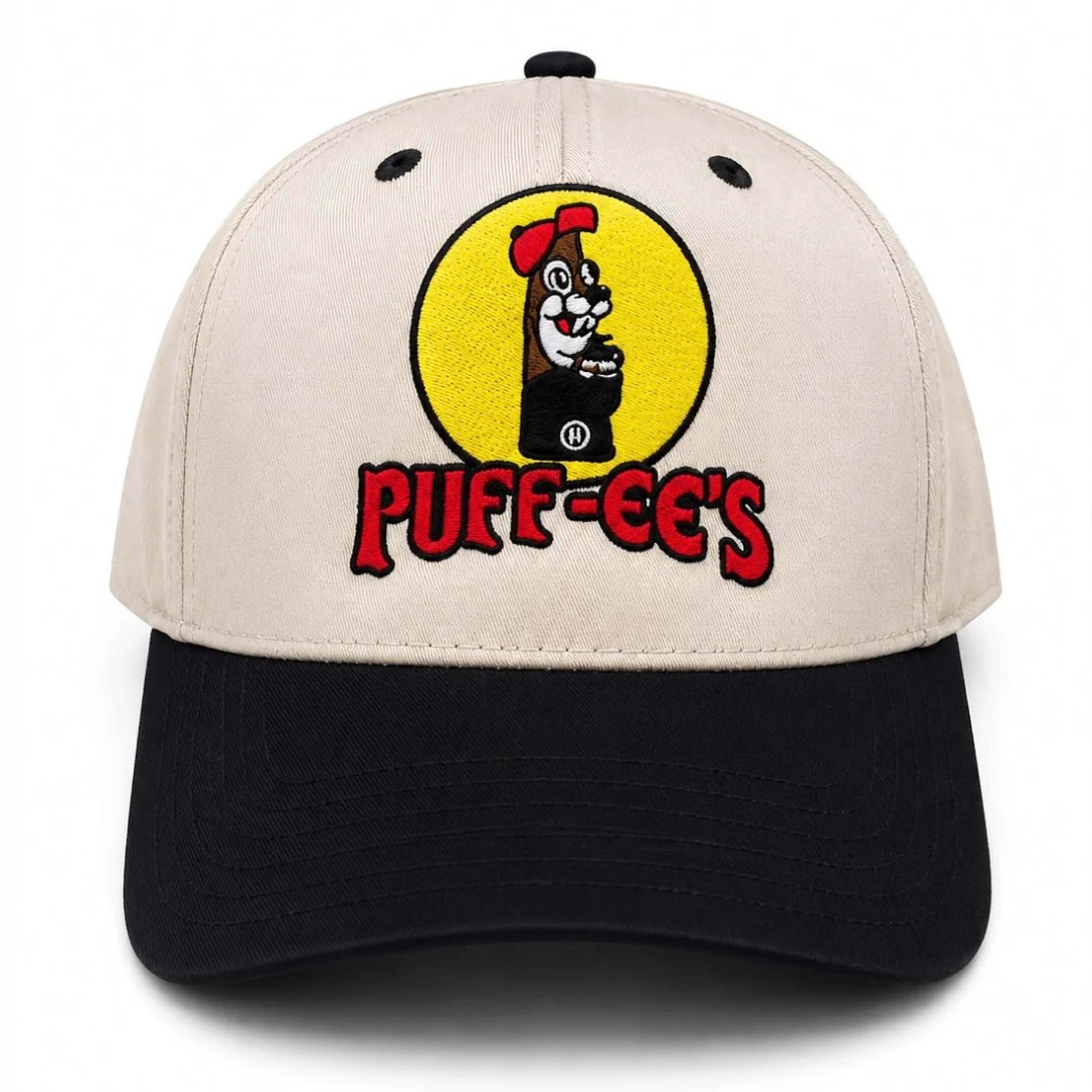 Preview pic of Custom Embroidered Puff-Ee’s Puffcon 2025 Friends & Family Snapback Hat – Cream/Black