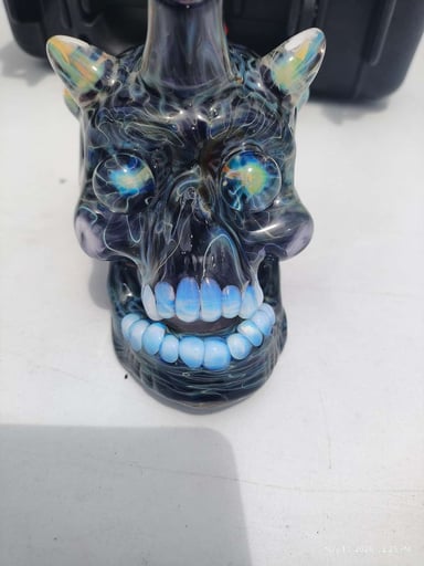 Preview pic of Nathan Belmont x Kaleb Folck Energy Skull 2020 UV Reactive Heady Glass Dab Sculpture Signed NB KO w/ Pelican Case Opal Eyes Teeth Removable Horns One-of-One Collab