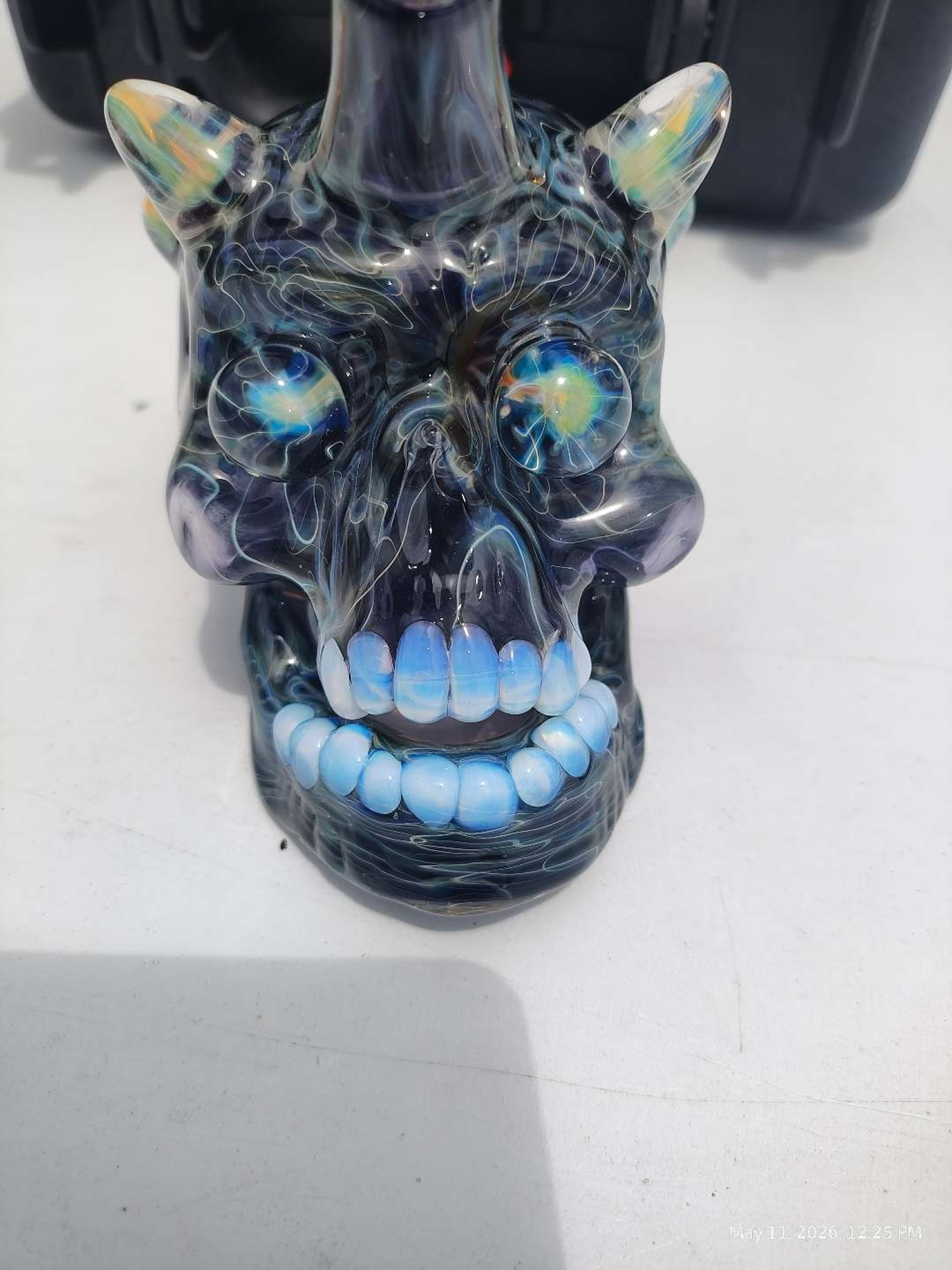 Preview pic of Nathan Belmont x Kaleb Folck Energy Skull 2020 UV Reactive Heady Glass Dab Sculpture Signed NB KO w/ Pelican Case Opal Eyes Teeth Removable Horns One-of-One Collab