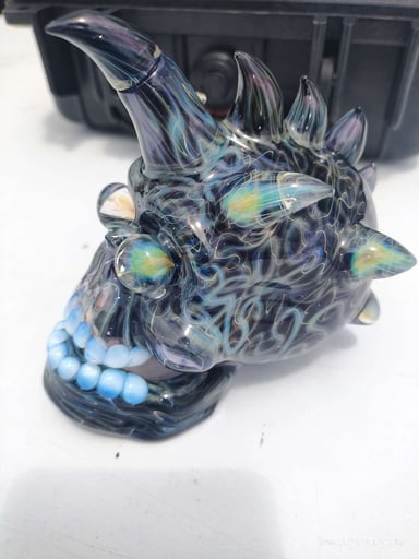 Preview pic of Nathan Belmont x Kaleb Folck Energy Skull 2020 UV Reactive Heady Glass Dab Sculpture Signed NB KO w/ Pelican Case Opal Eyes Teeth Removable Horns One-of-One Collab