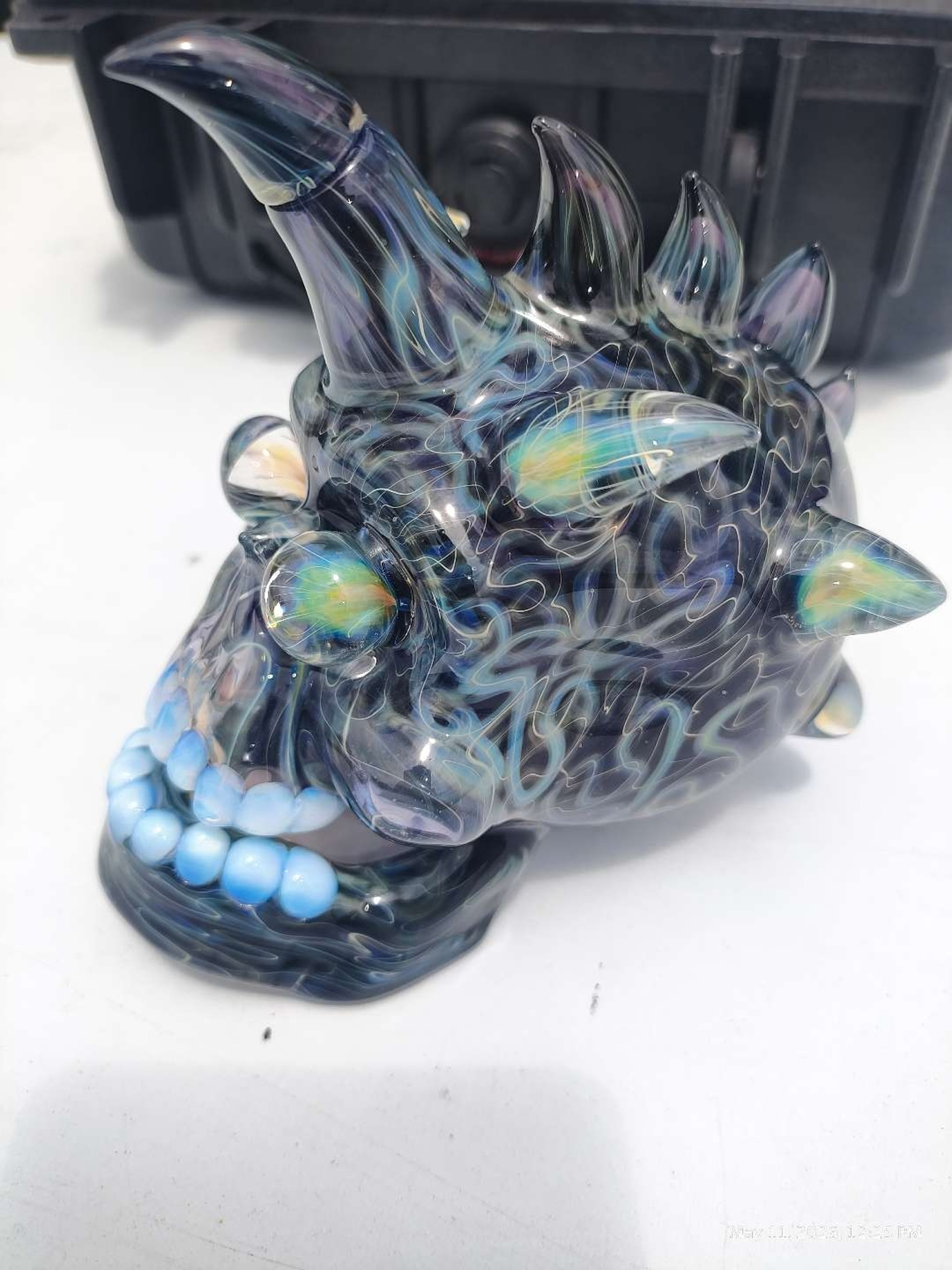 Preview pic of Nathan Belmont x Kaleb Folck Energy Skull 2020 UV Reactive Heady Glass Dab Sculpture Signed NB KO w/ Pelican Case Opal Eyes Teeth Removable Horns One-of-One Collab