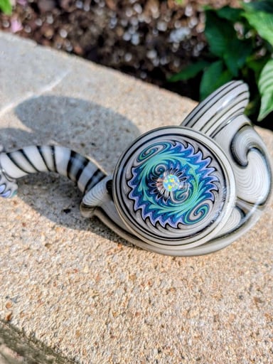 Preview pic of Handcrafted Glass Sherlock Pipe with Intricate Wig-Wag Disk & Opal Accent