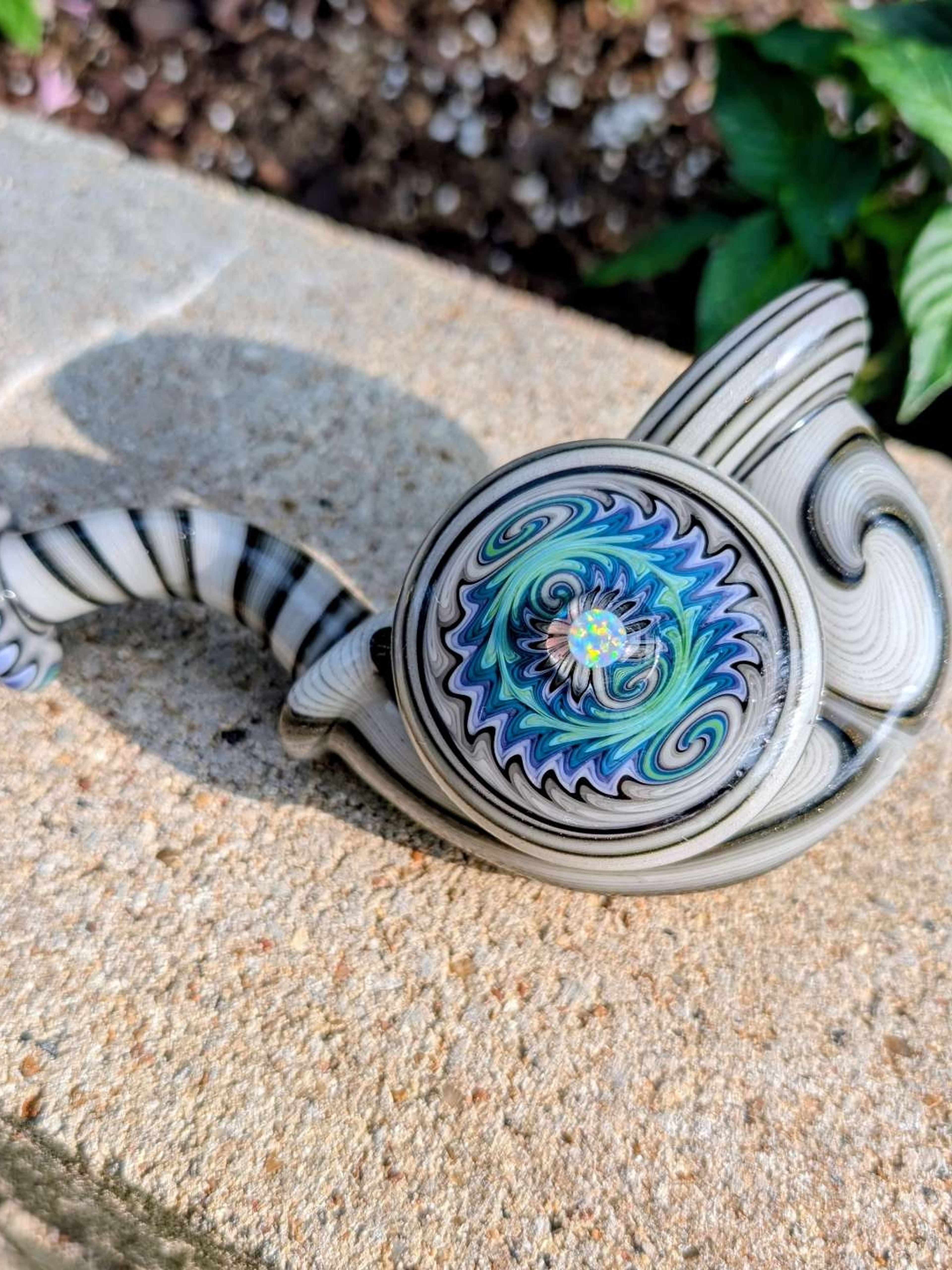 Preview pic of Handcrafted Glass Sherlock Pipe with Intricate Wig-Wag Disk & Opal Accent