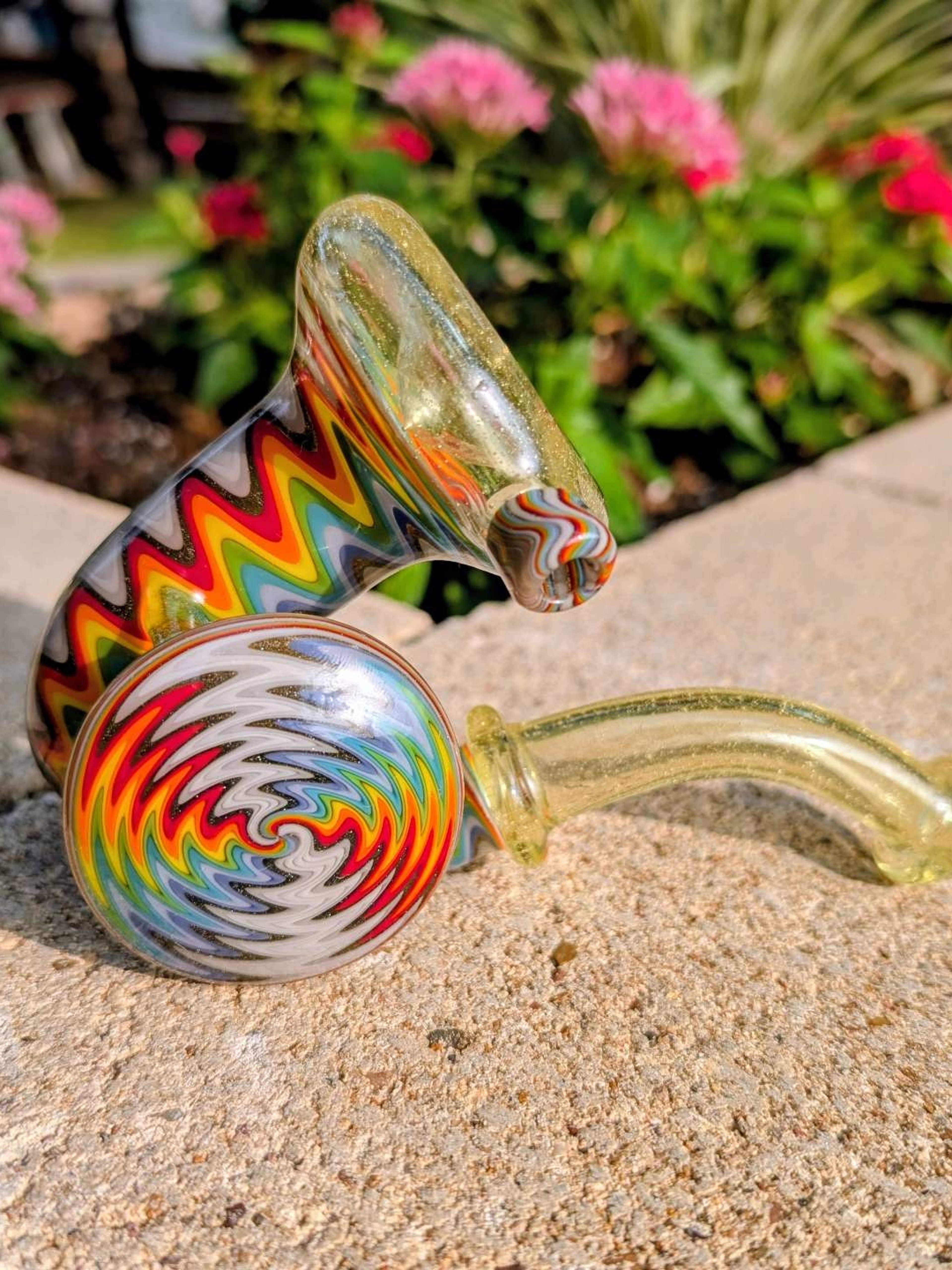 Preview pic of Handcrafted Glass Hammer Pipe with Vibrant Rainbow Wig-Wag & Gold Aventurine Accent