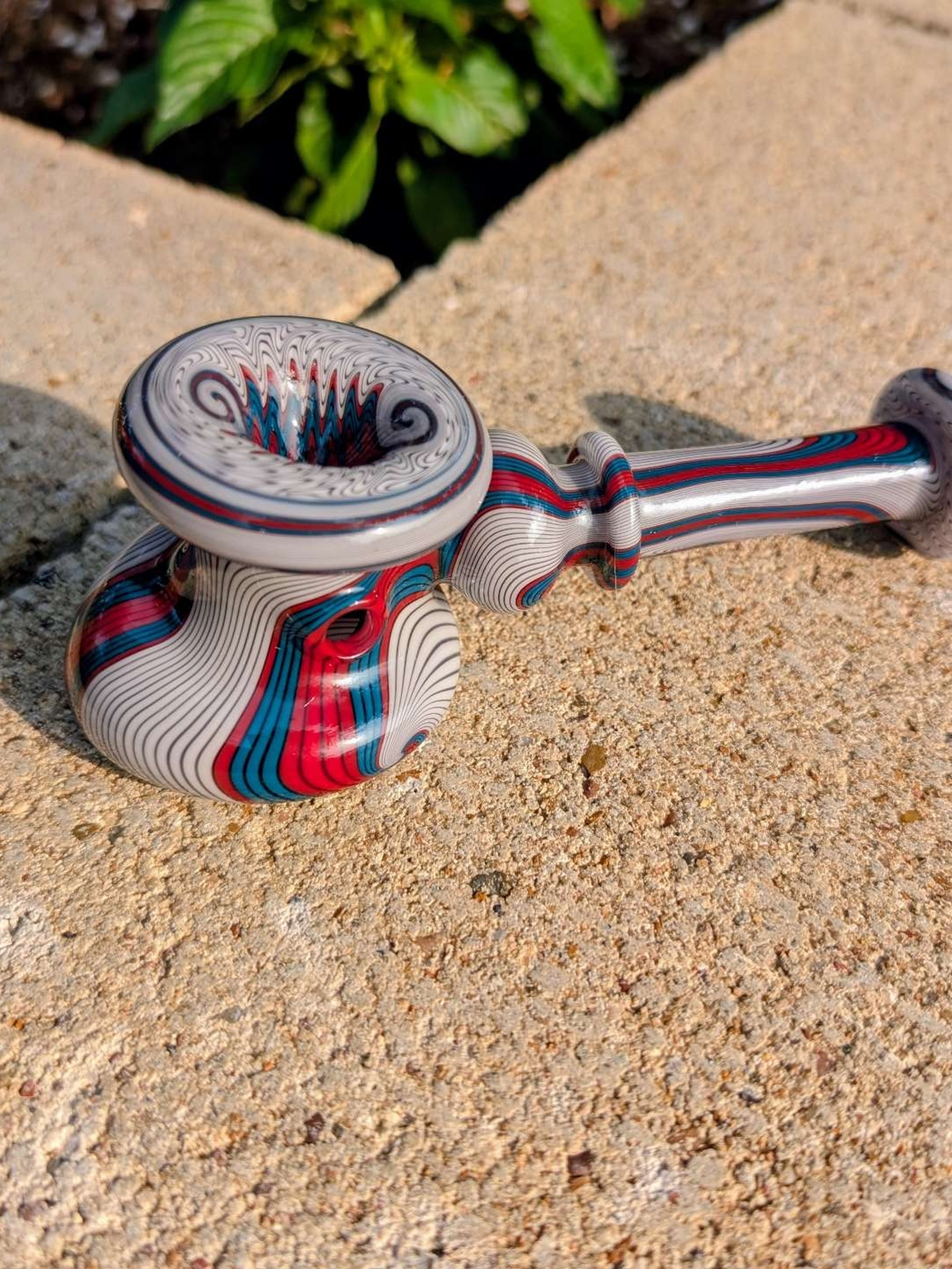 Preview pic of Heady Glass Hammer Pipe – Fully Worked Teal & Red Wig-Wag / Linework