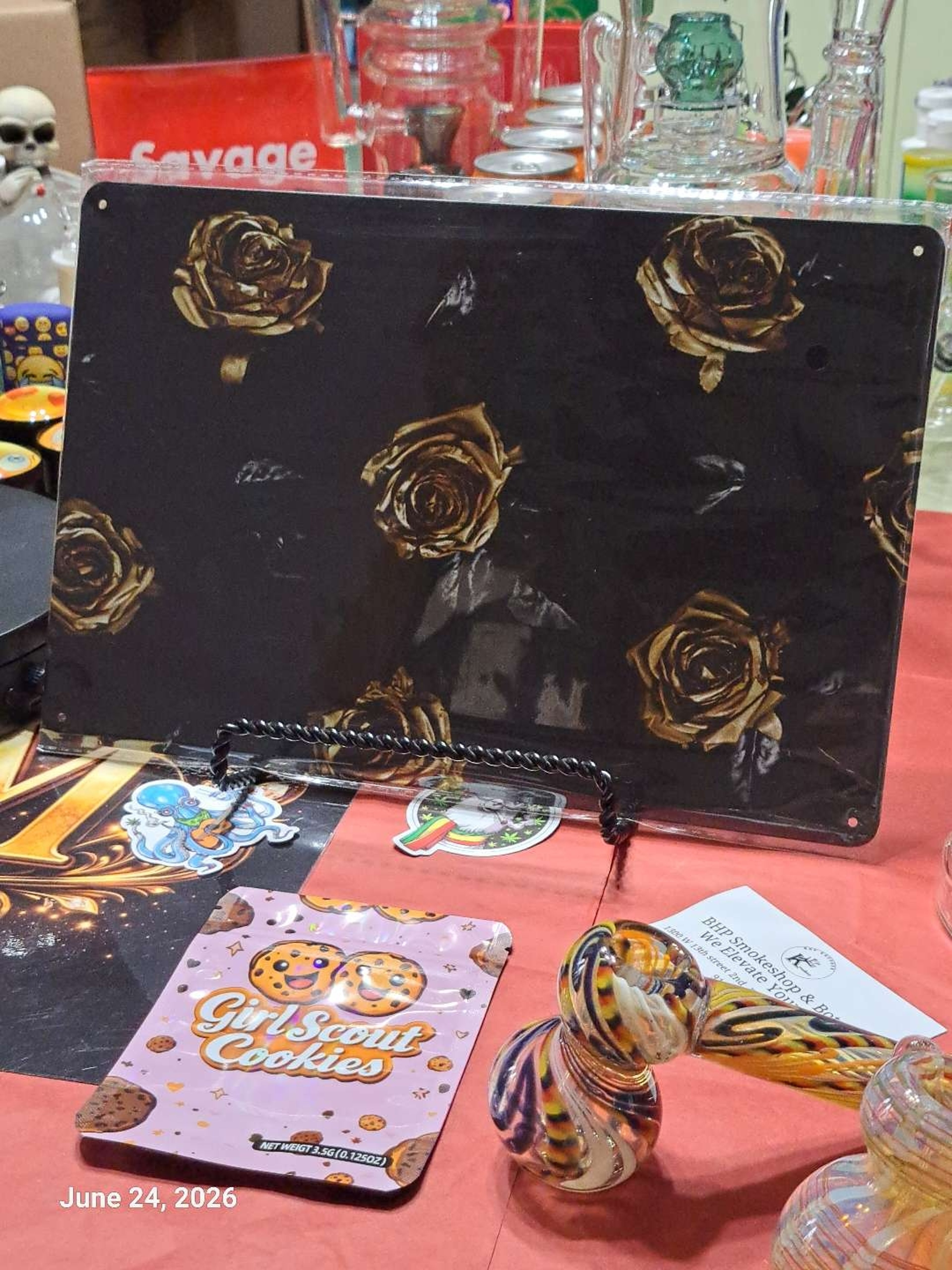 Preview pic of Decorative Stoner  Image Tin 8x12 Gold & Black Rose