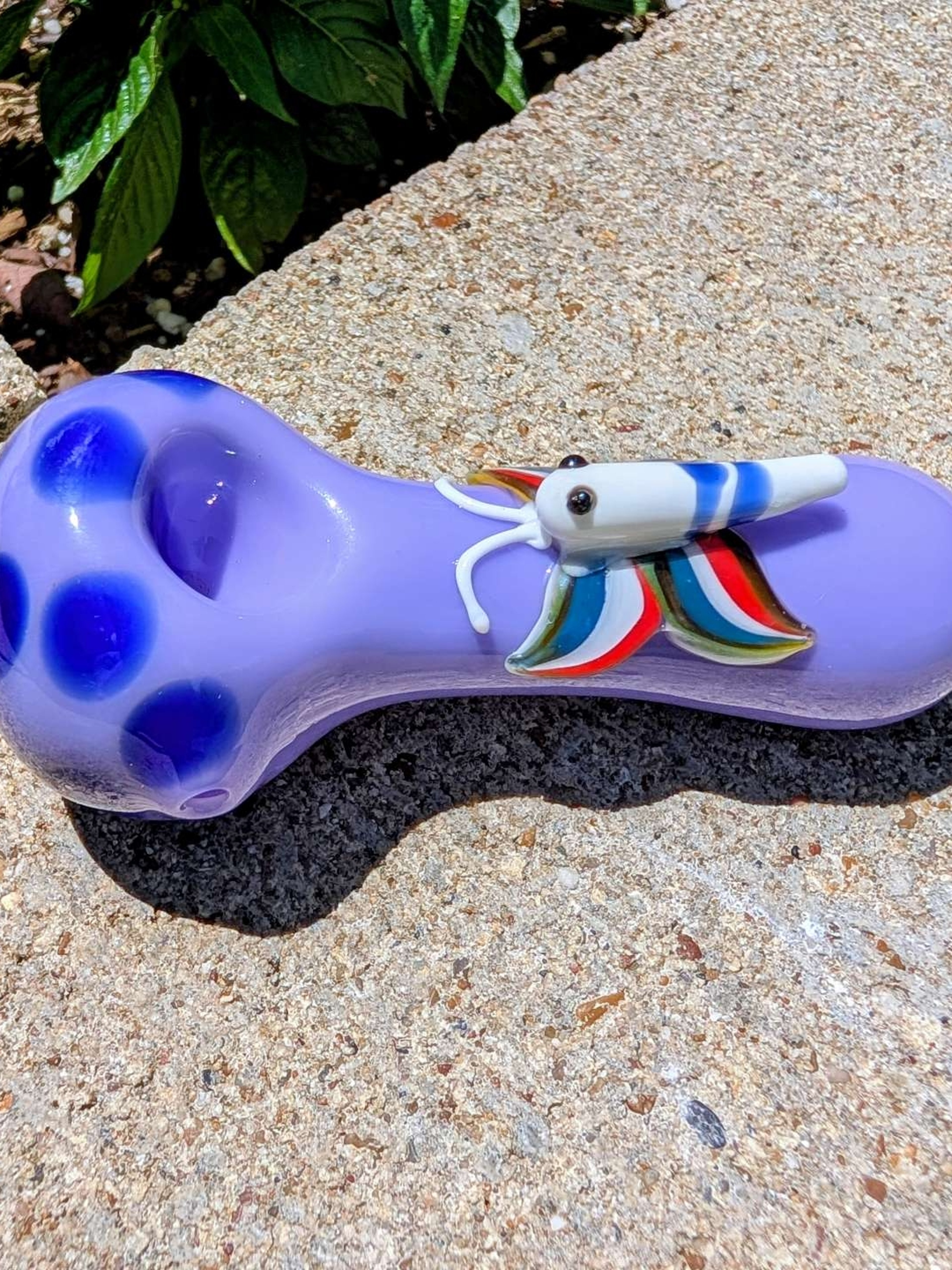 Preview pic of Custom Hand-Blown Lavender Spoon Pipe with Sculpted Squid & Ribbon Marbles