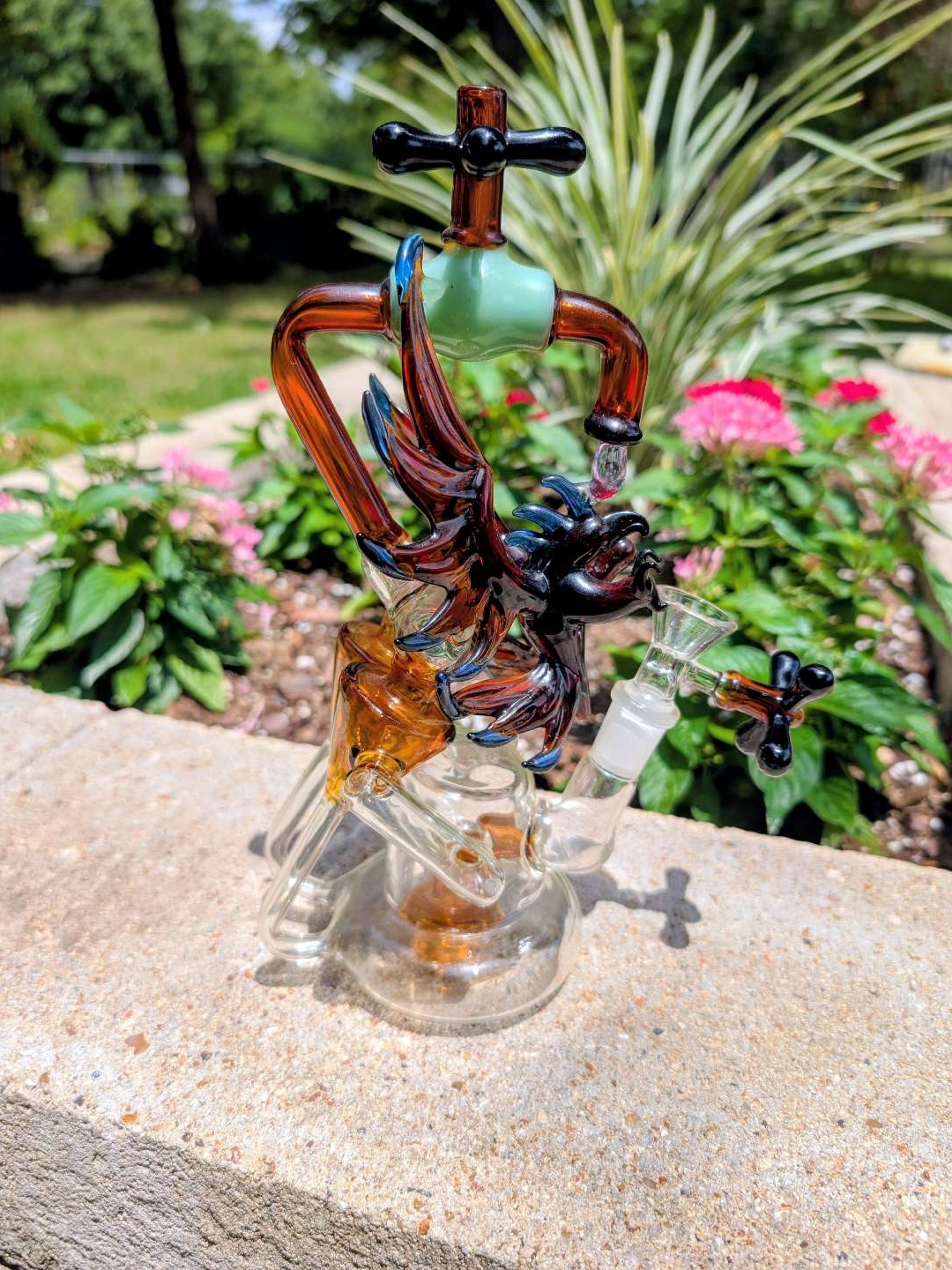 Preview pic of Heady Dragon & Spigot Dual-Uptake Recycler Rig - Amber Purple & Mint