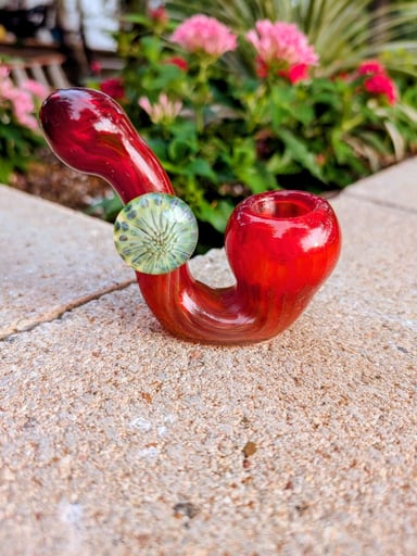 Preview pic of Custom Red Swirl Sherlock Pipe with Green Flower Attachment