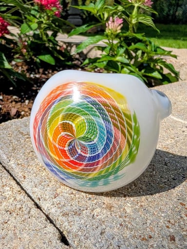 Preview pic of Custom White Glass Spoon Pipe with Rainbow Linework Wig-Wag