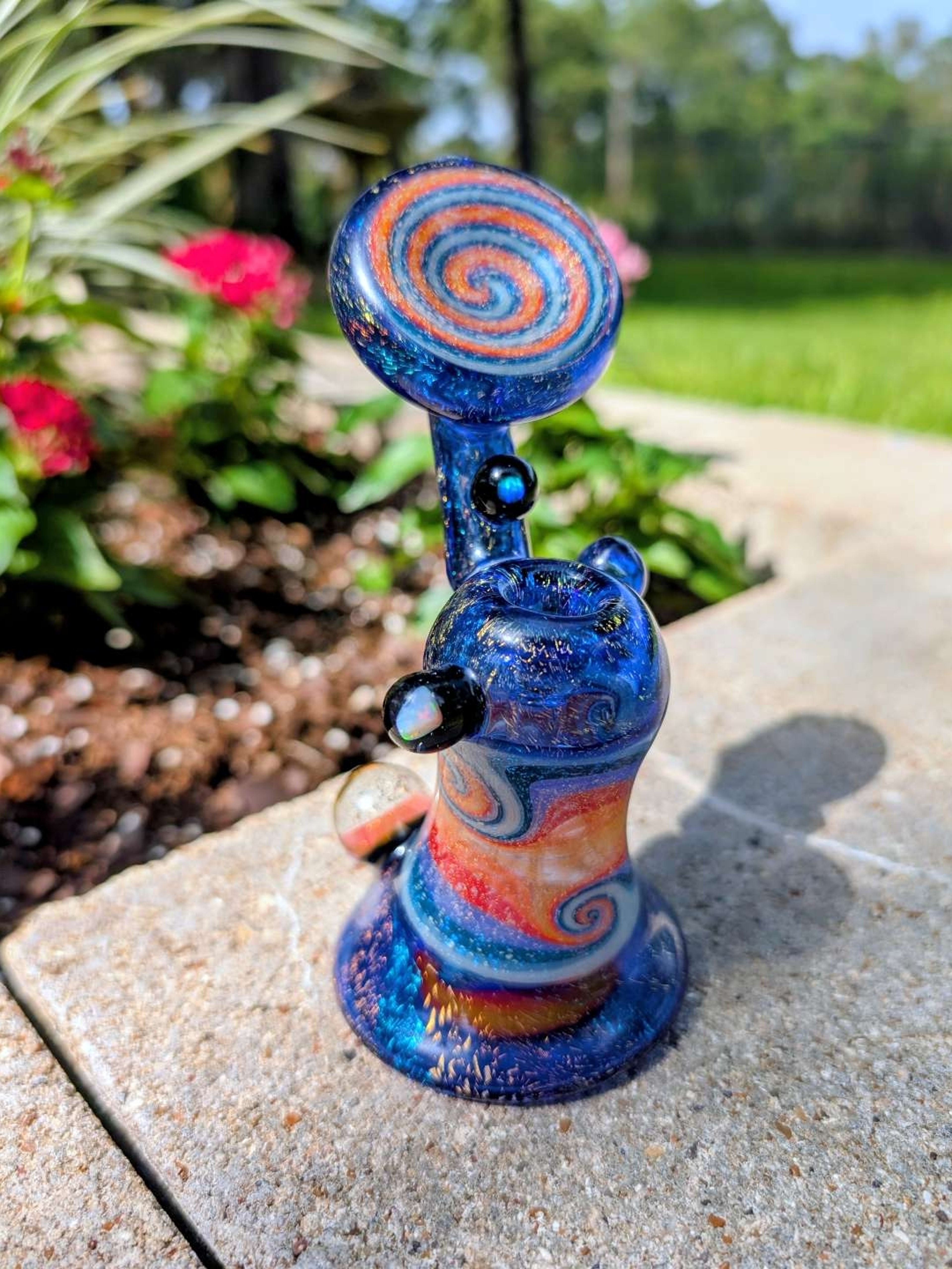 Preview pic of Andy G. Sparkly Blue & Orange Swirl Recycler Rig w/ Dual Encased Opals