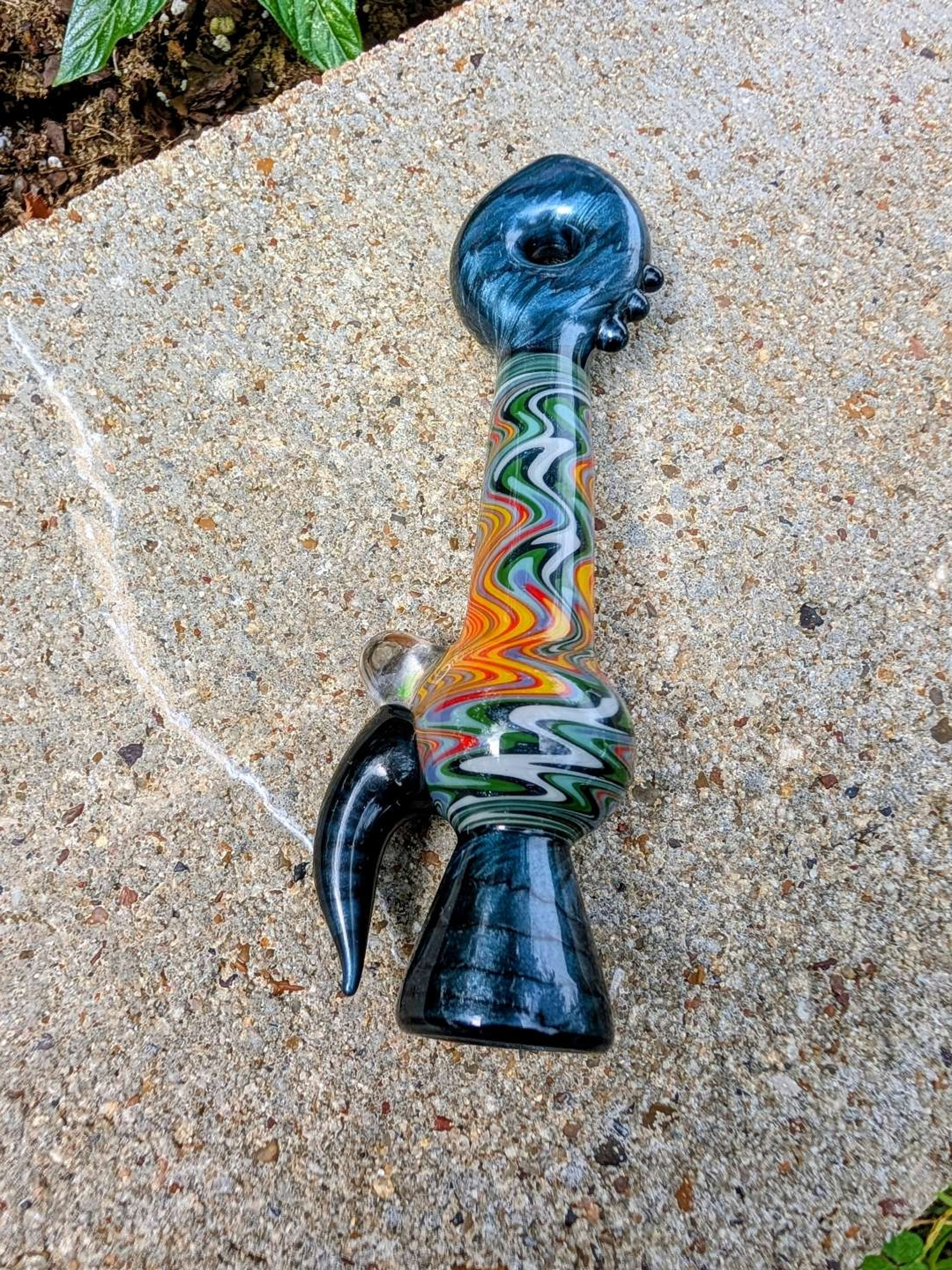 KNW Glass Signed Chillum Pipe – Deep Blue Silk & Rainbow Wrap-and-Rake image 0