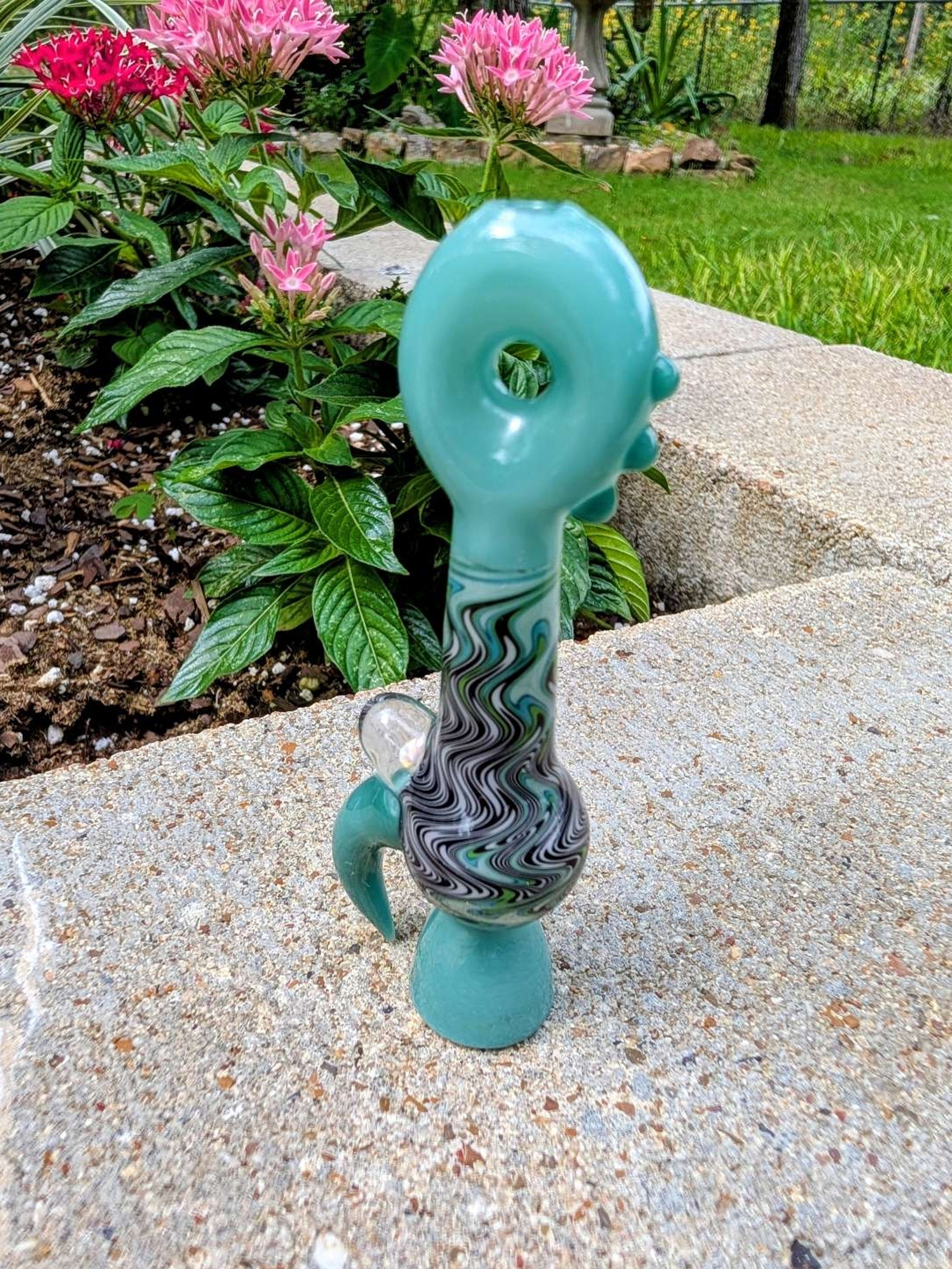 Preview pic of Shane Smith Glass Custom Dichro Linework Chillum – Mint Green & Teal with Donut Mouthpiece